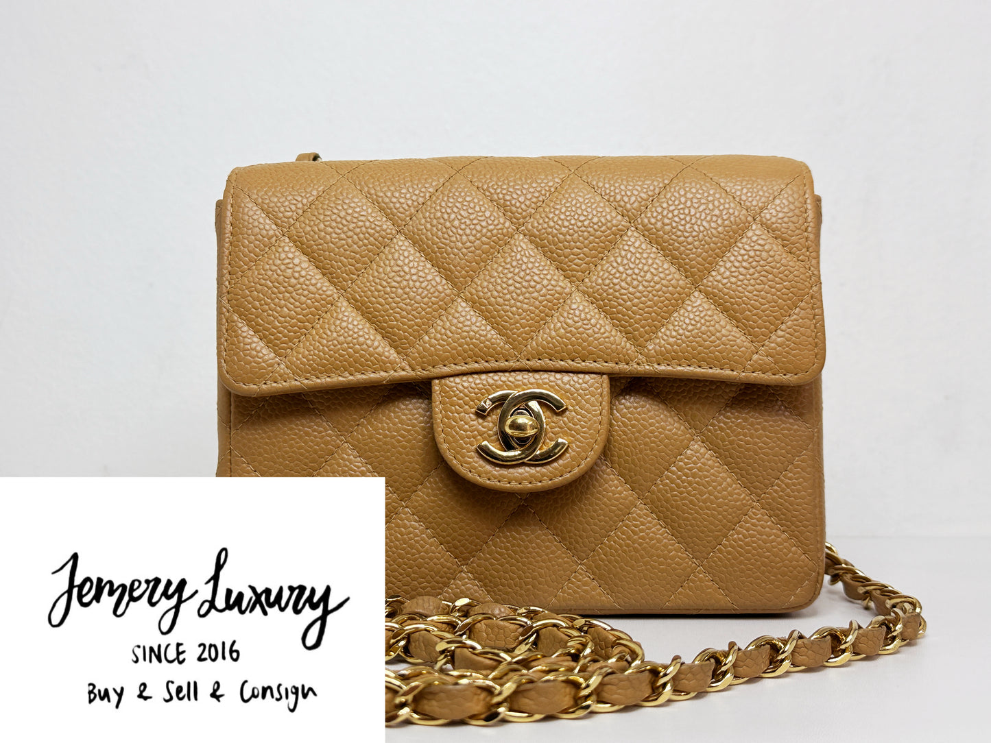 Chanel 24K Gold Mini Square Caviar Classic Flap Chain Shoulder Bag Beige GHW 84 holo card