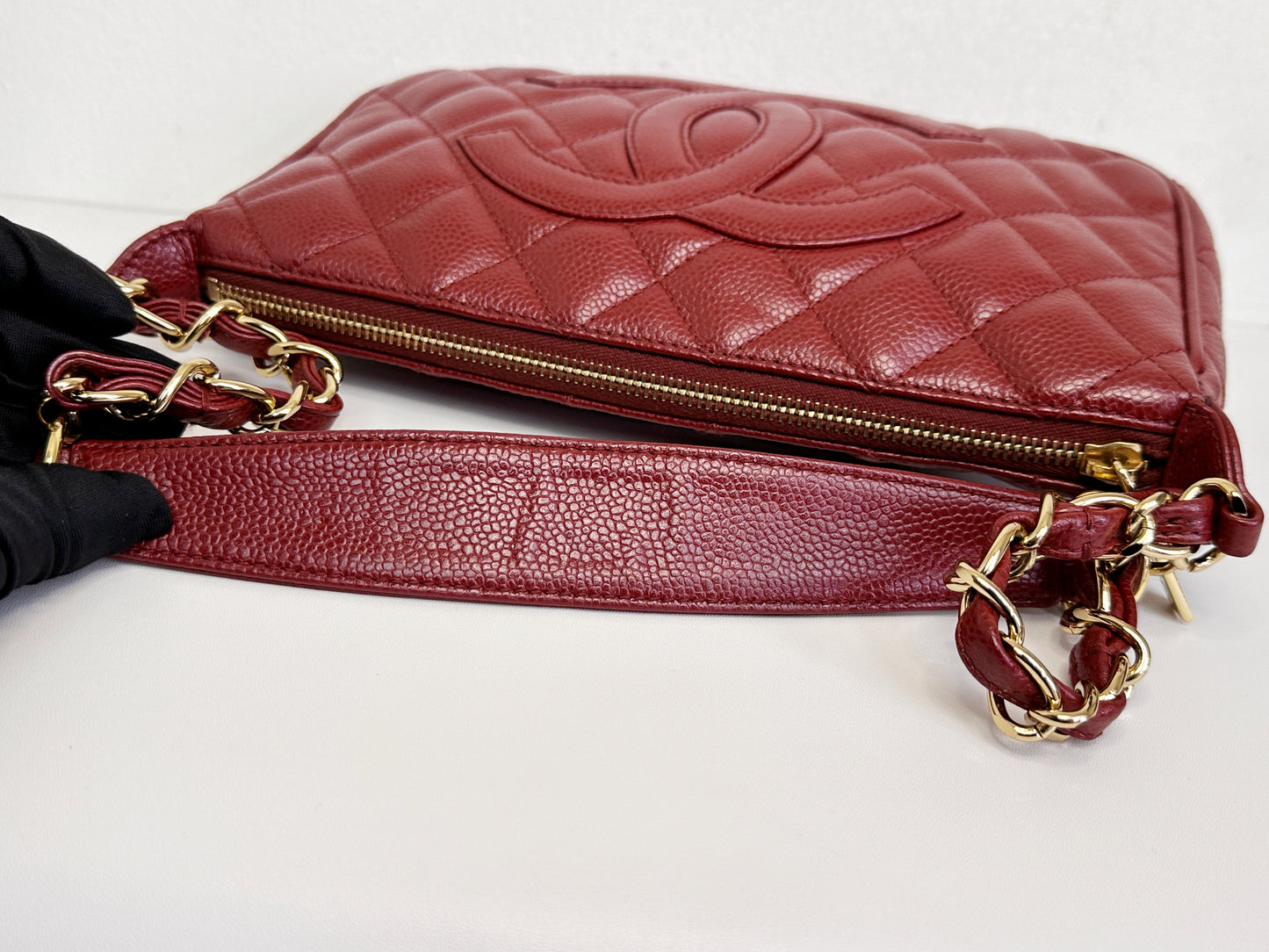 Chanel Small Caviar Quilted Pochette Shoulder Bag Red GHW