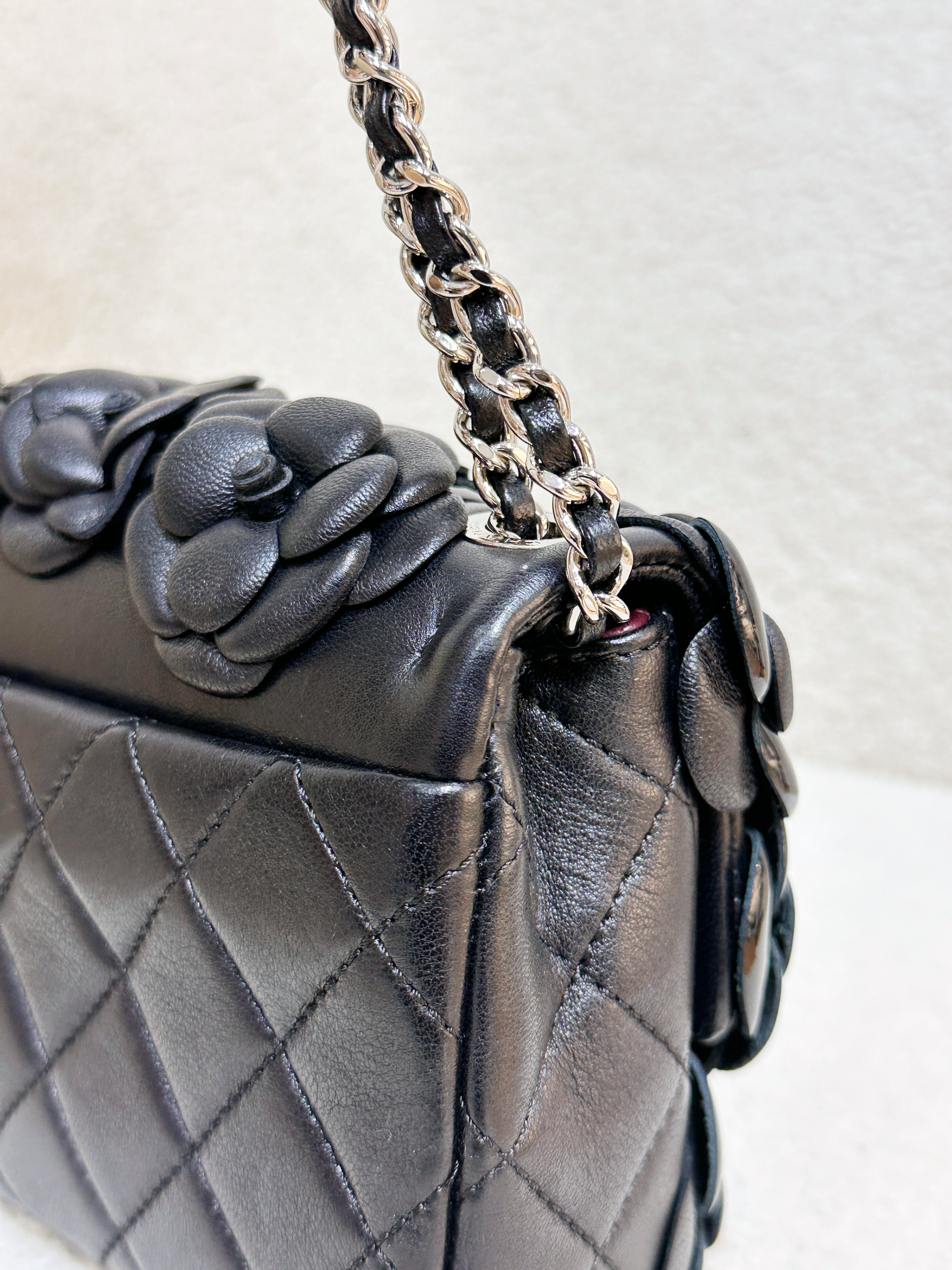 Chanel Mini Rectangular Camellia Flap Bag Black Lambskin and Patent Silver Hardware
