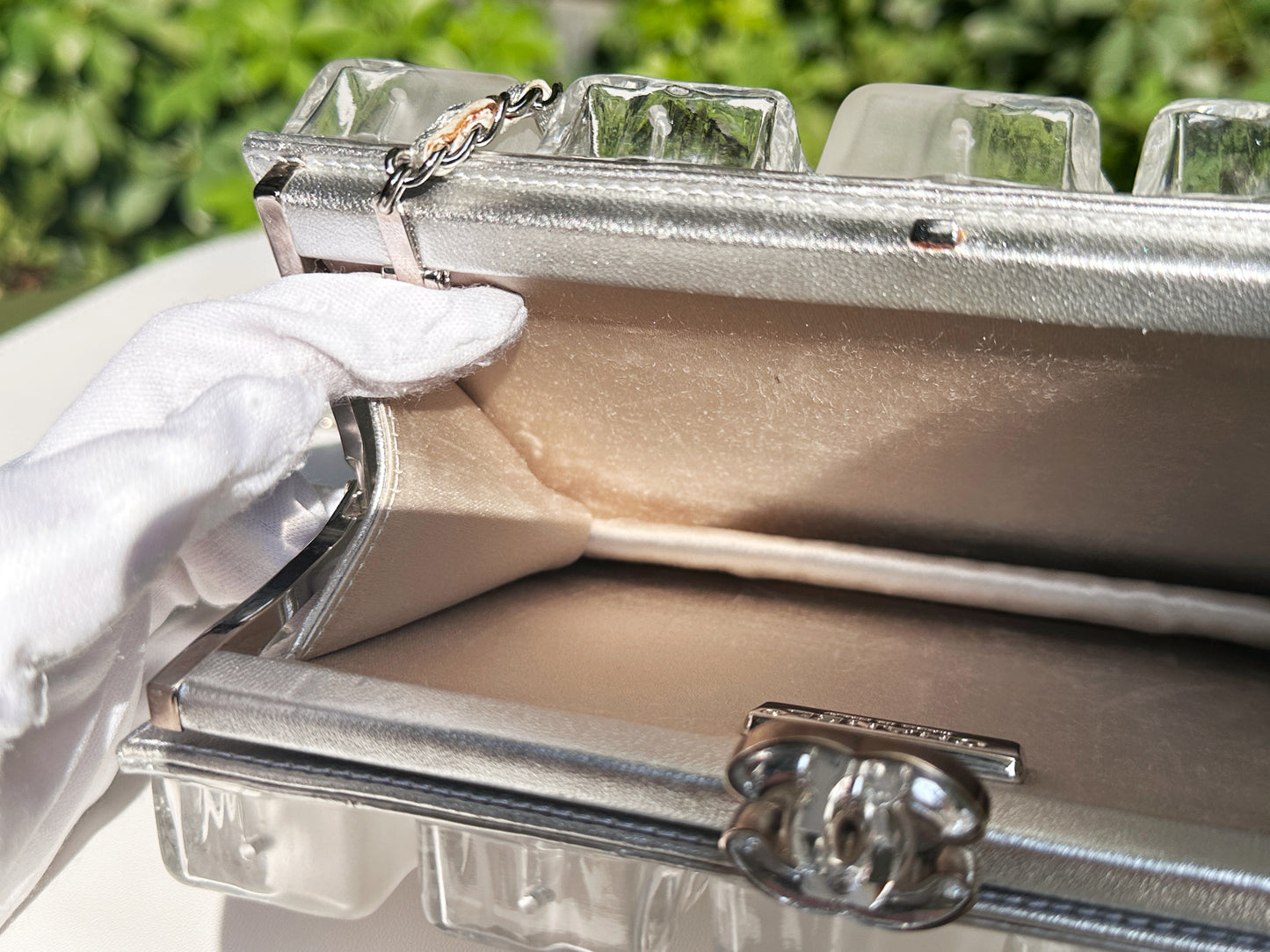 Chanel Silver Metallic Lambskin and Clear Acrylic Ice Cube Bag Silver Hardware 1426 holo card