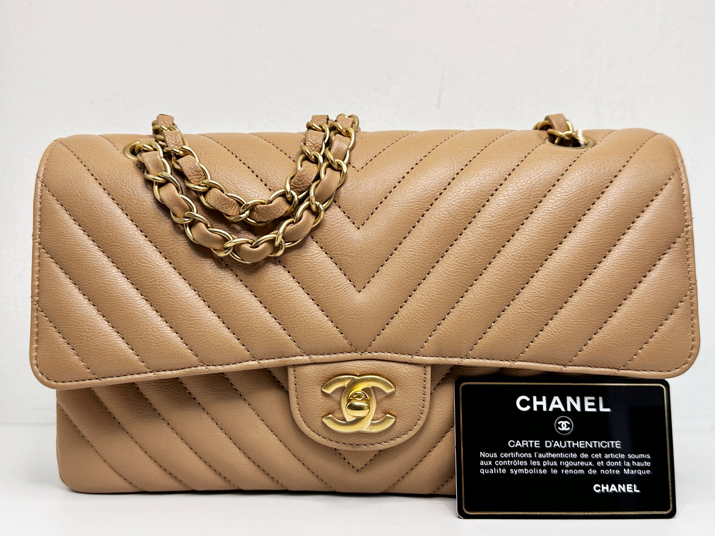 Chanel Calfskin Chevron Quilted Medium Double Flap Beige 2383 holo card