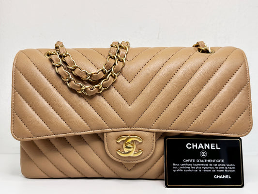 Chanel Calfskin Chevron Quilted Medium Double Flap Beige 2383 holo card