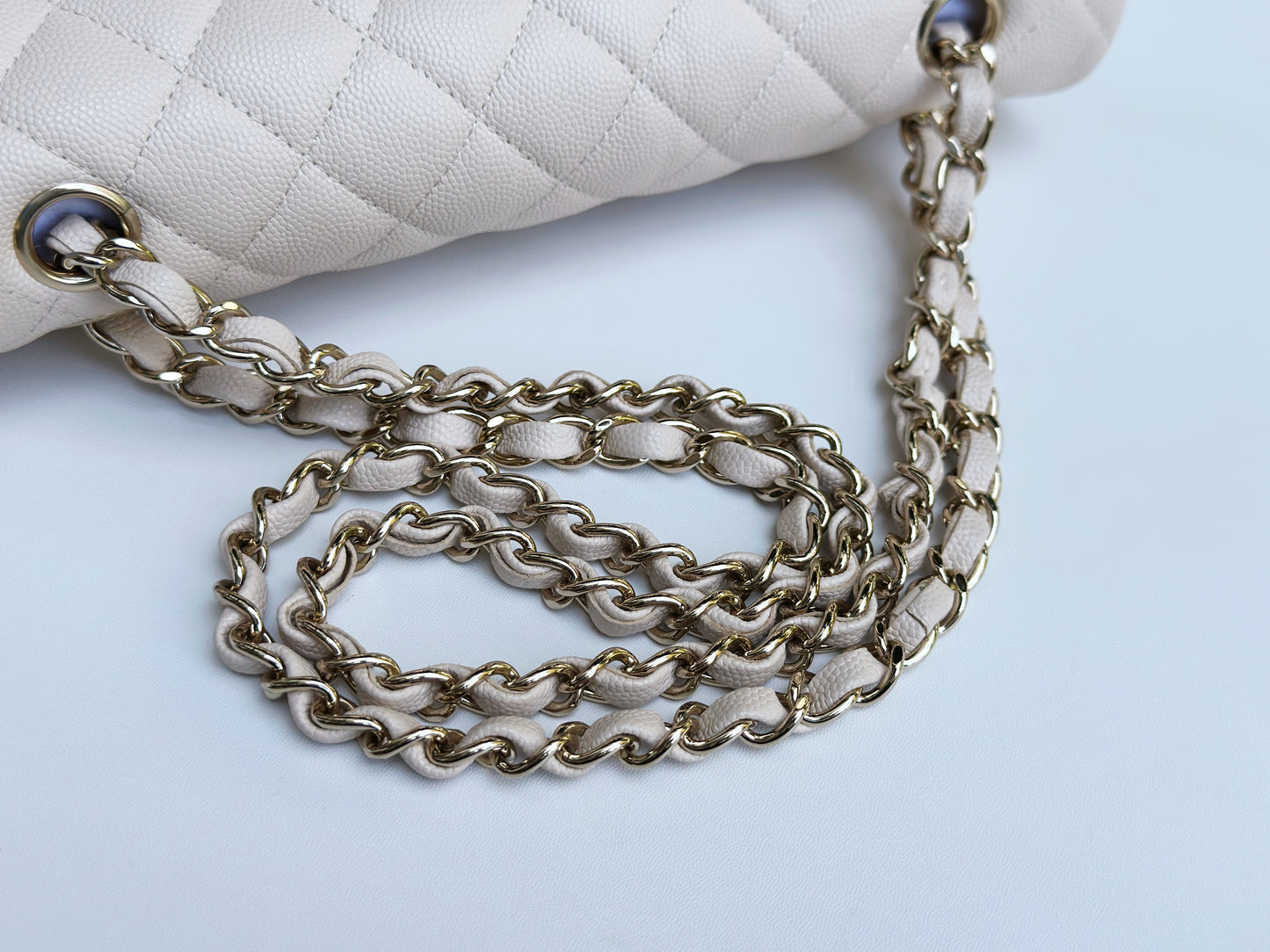 Chanel Medium Caviar Classic Quilted Double Flap Ivory Light Beige Bag LGHW