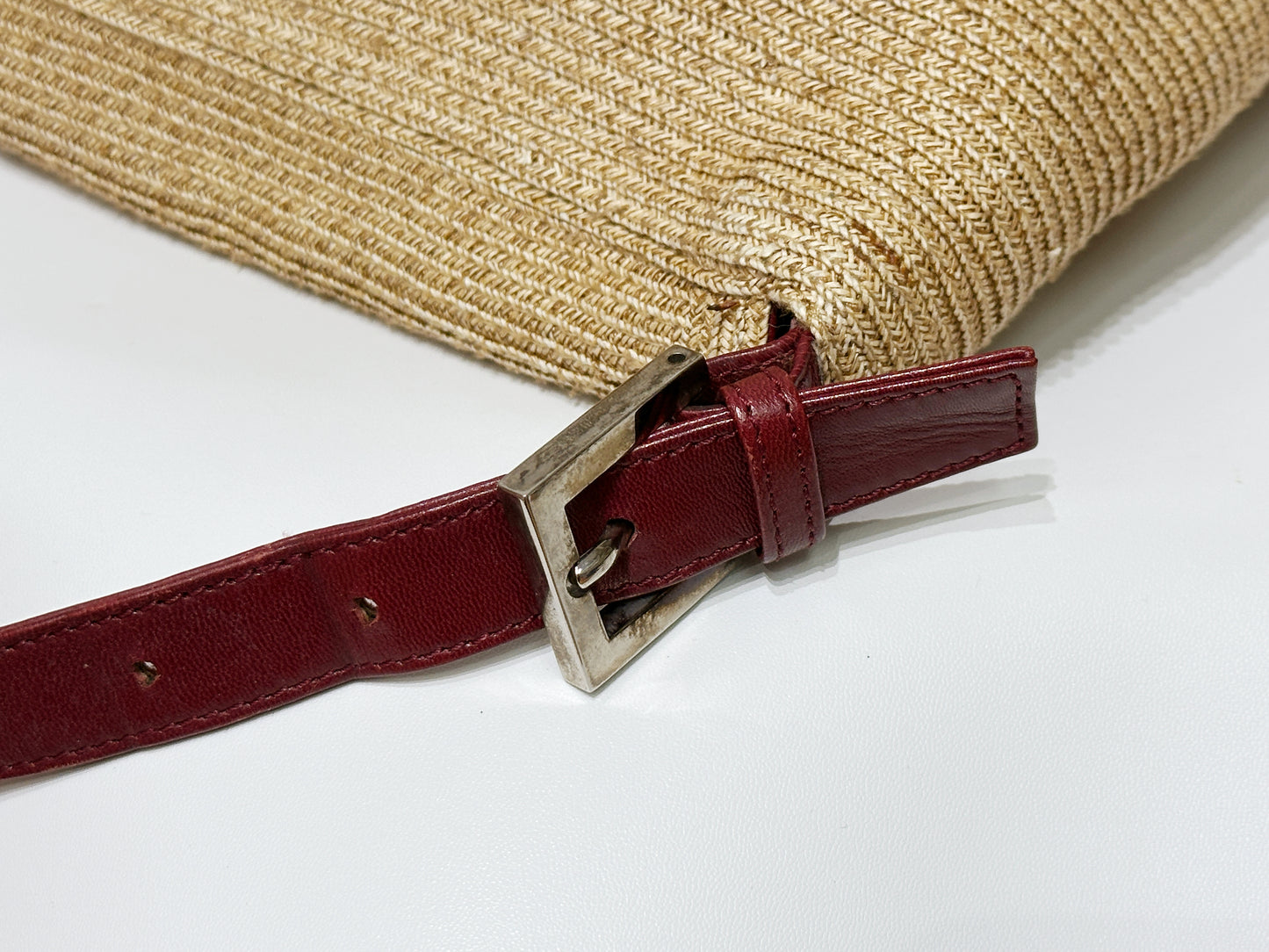 Fendi Mamma Baguette Raffia Straw Shoulder Bag Red Leather Strap