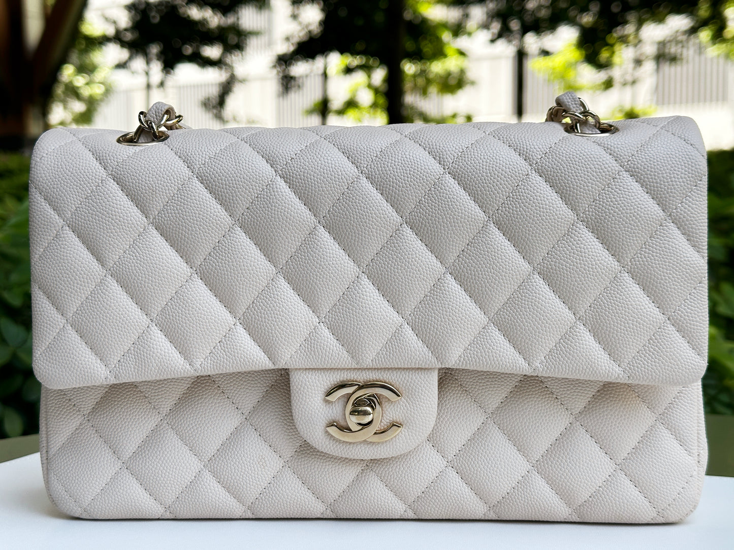Chanel Medium Caviar Classic Quilted Double Flap Ivory Light Beige Bag LGHW