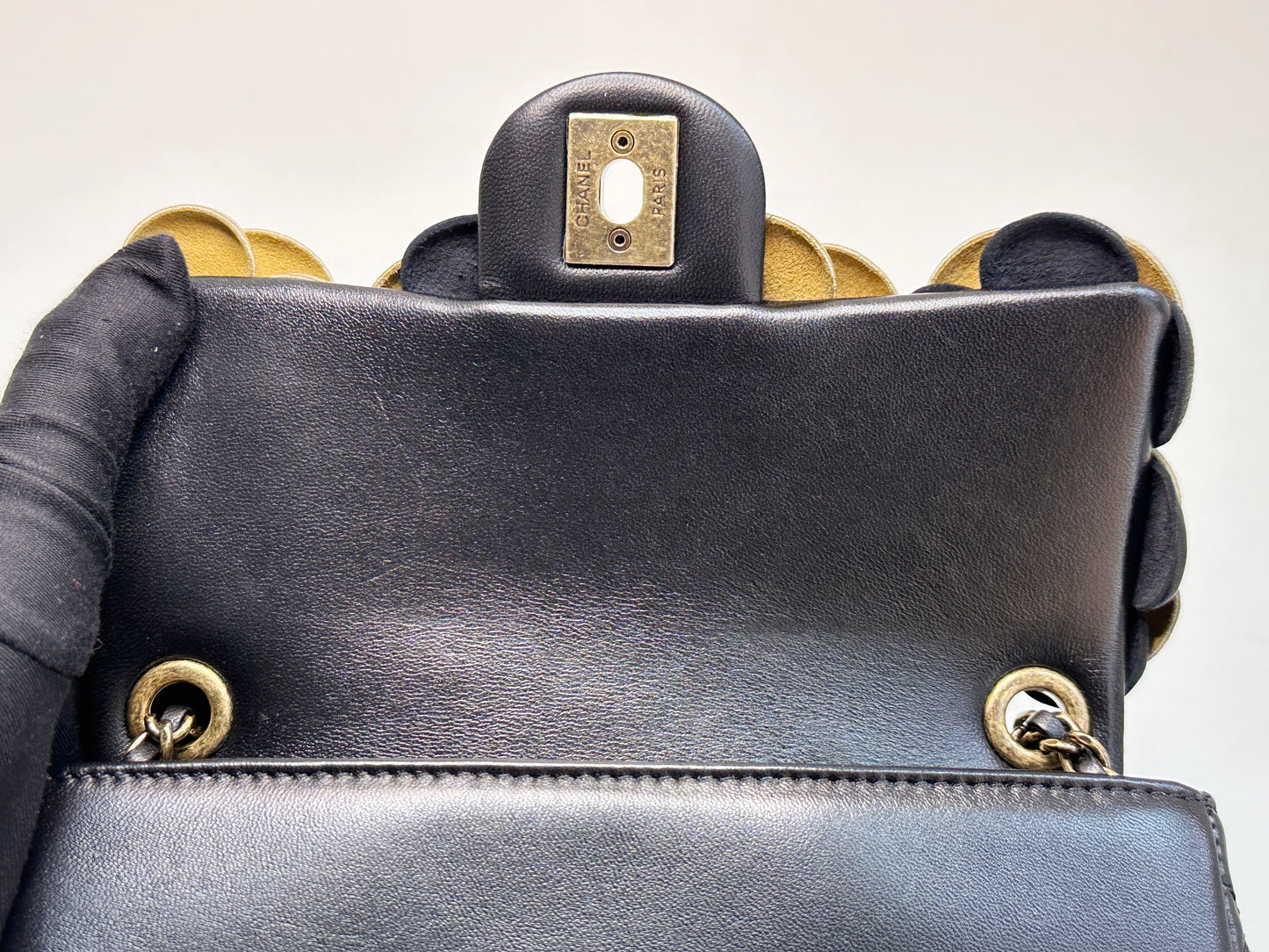 Chanel Mini Metallic Lambskin Quilted Camellia Flap Bag Black Gold 2479 holo card