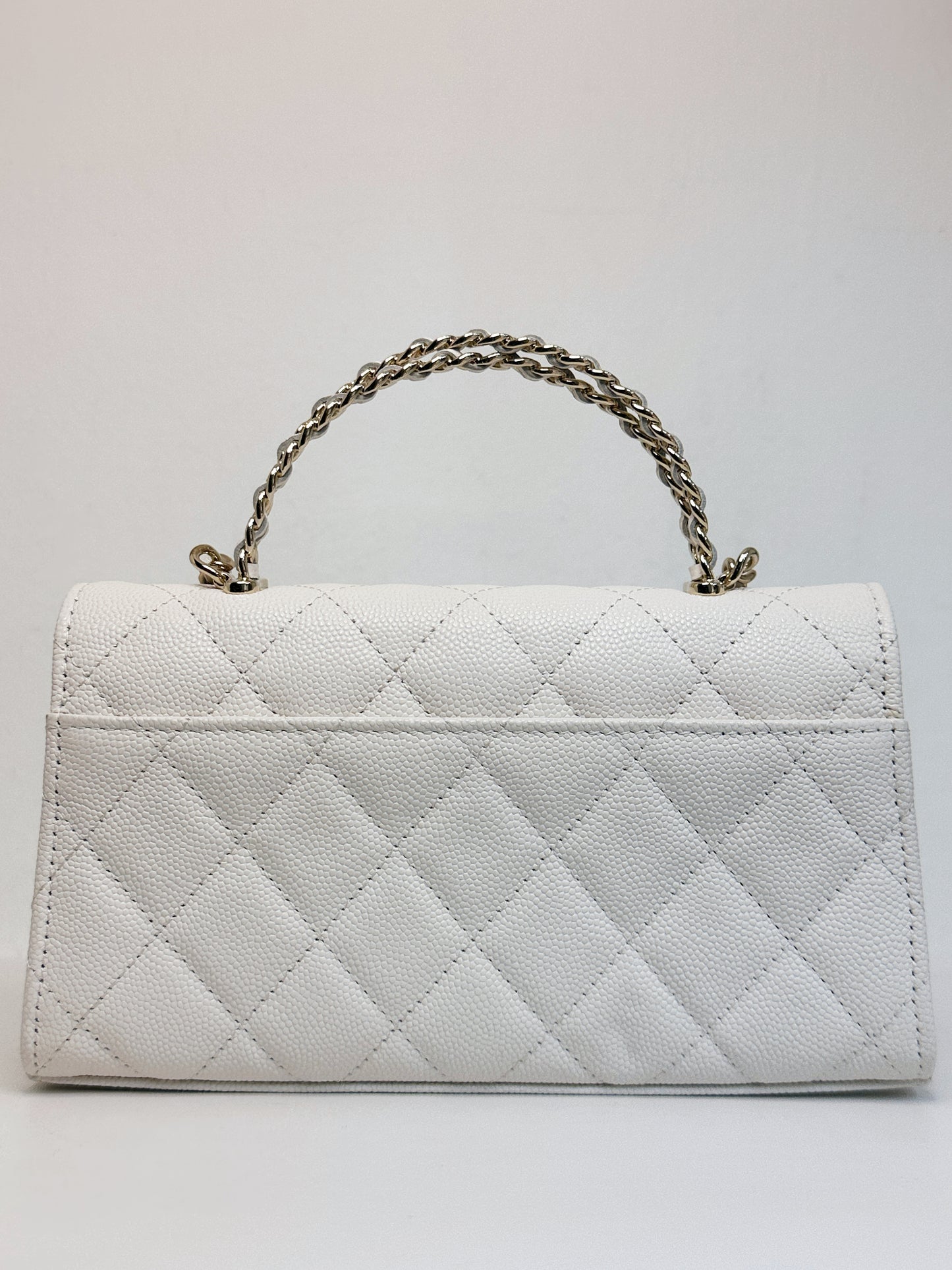 Chanel 23P Top Handle Kelly Clutch with Chain in White Caviar GHW