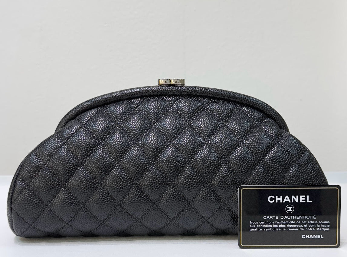 Chanel Quilted Timeless Kisslock Clutch Black Caviar SHW 1228 holo card