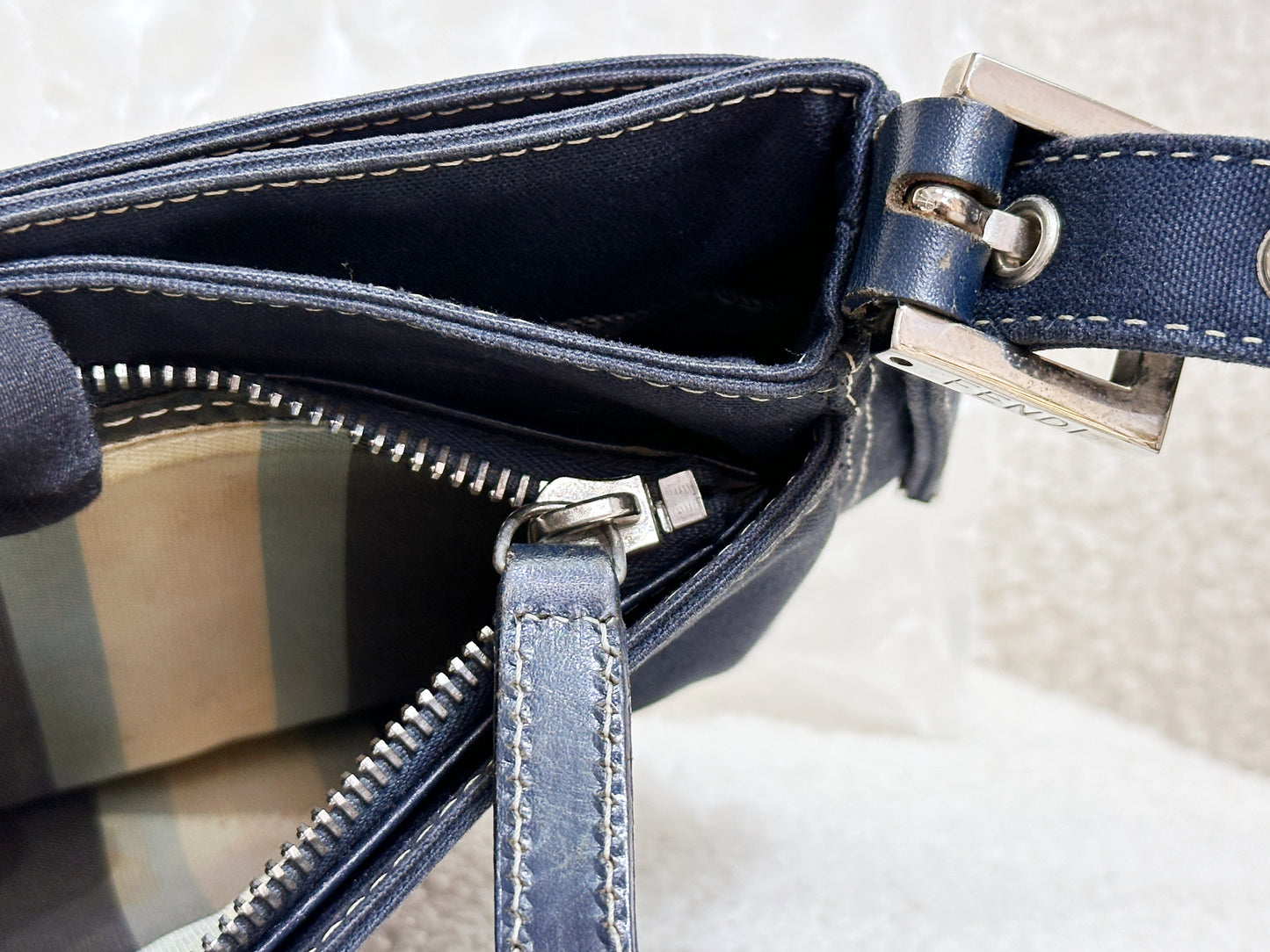 Fendi Mamma Baguette Canvas Shoulder Bag Navy blue