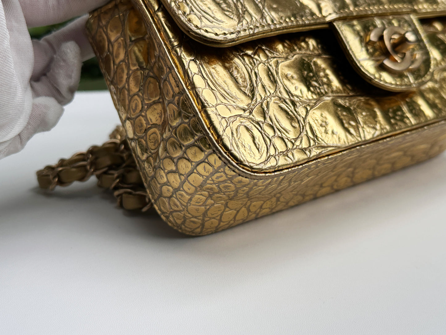 Chanel Mini Calfskin Crocodile Embossed Rectangular Gold Metallic Flap Bag 2803 holo card