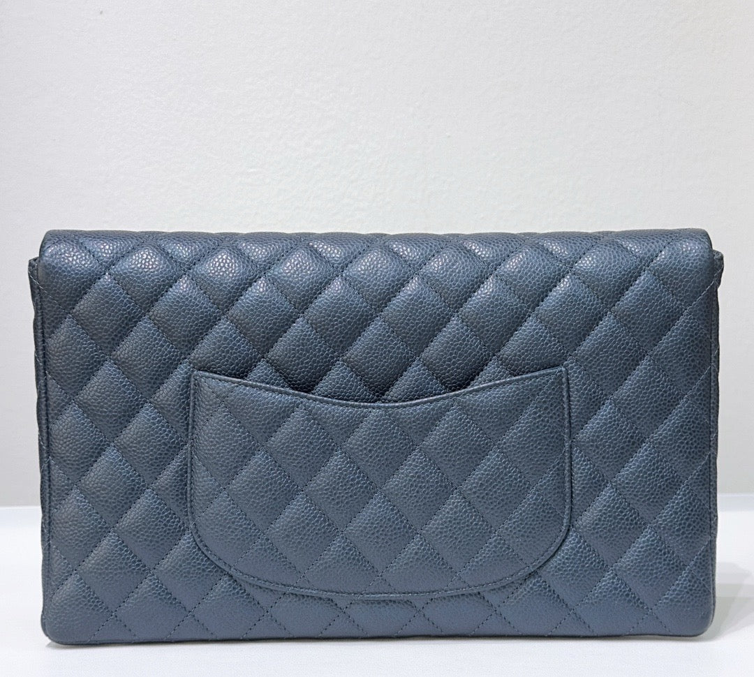 CHANEL Classic Large Clutch Blue Grained Calfskin GHW