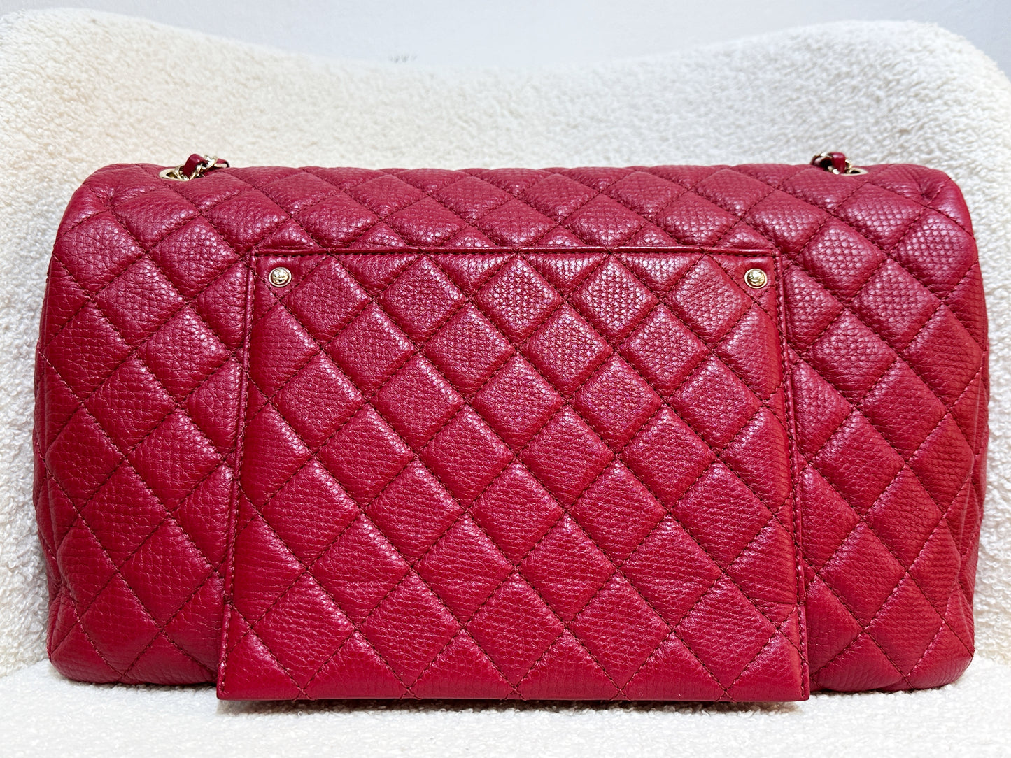 Chanel Red Grained Calfskin XL Small Travel Flap Bag Light Gold Hardware