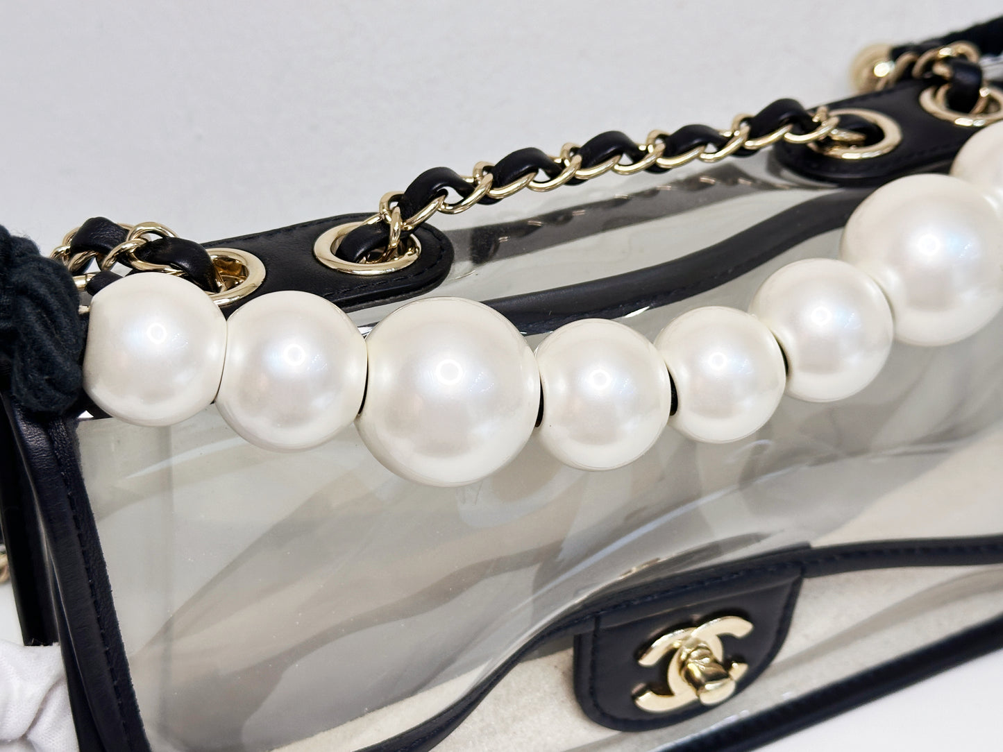 Chanel Medium Lambskin CoCo Sand PVC Sand By The Sea Flap With Pearl Strap Black 274 holo card