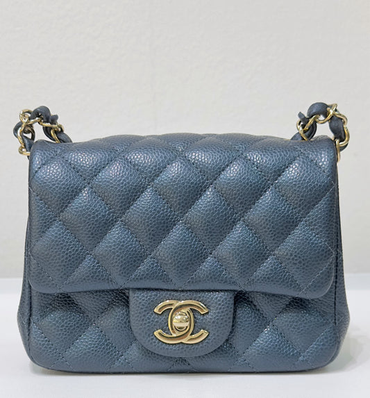 Chanel Mini Square Quilted Caviar Flap Bag Blue GHW 2581 Holo card