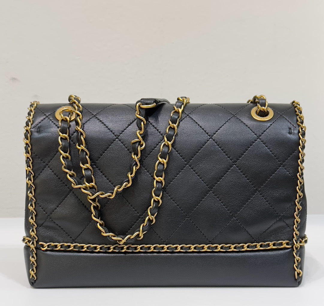 Chanel Small Black Quilted Calfskin Chain Around Single Flap GHW 2021year