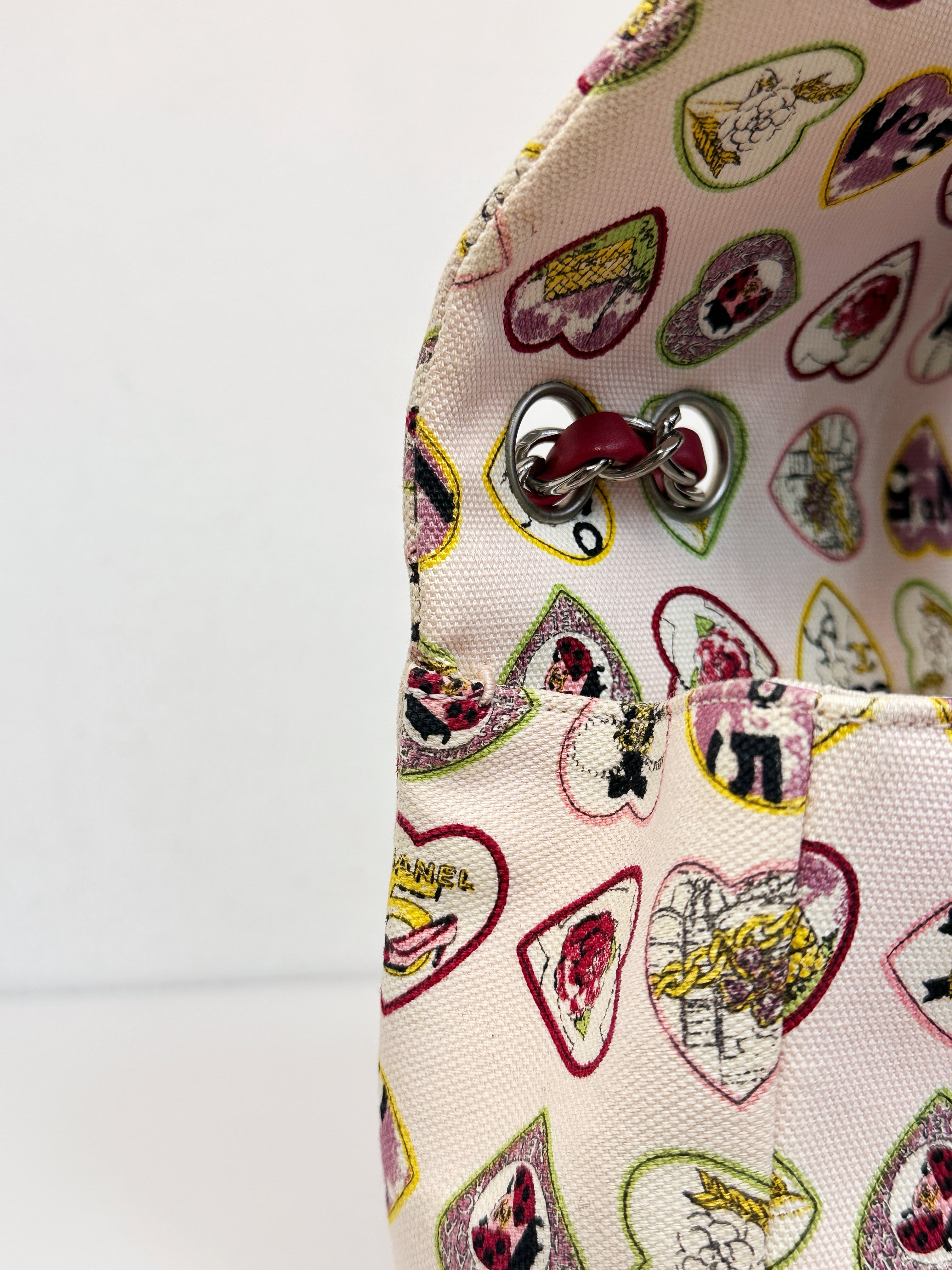 Chanel Valentine Coco Heart Motif Printed Pink Canvas East West Flap Bag 1064 holo