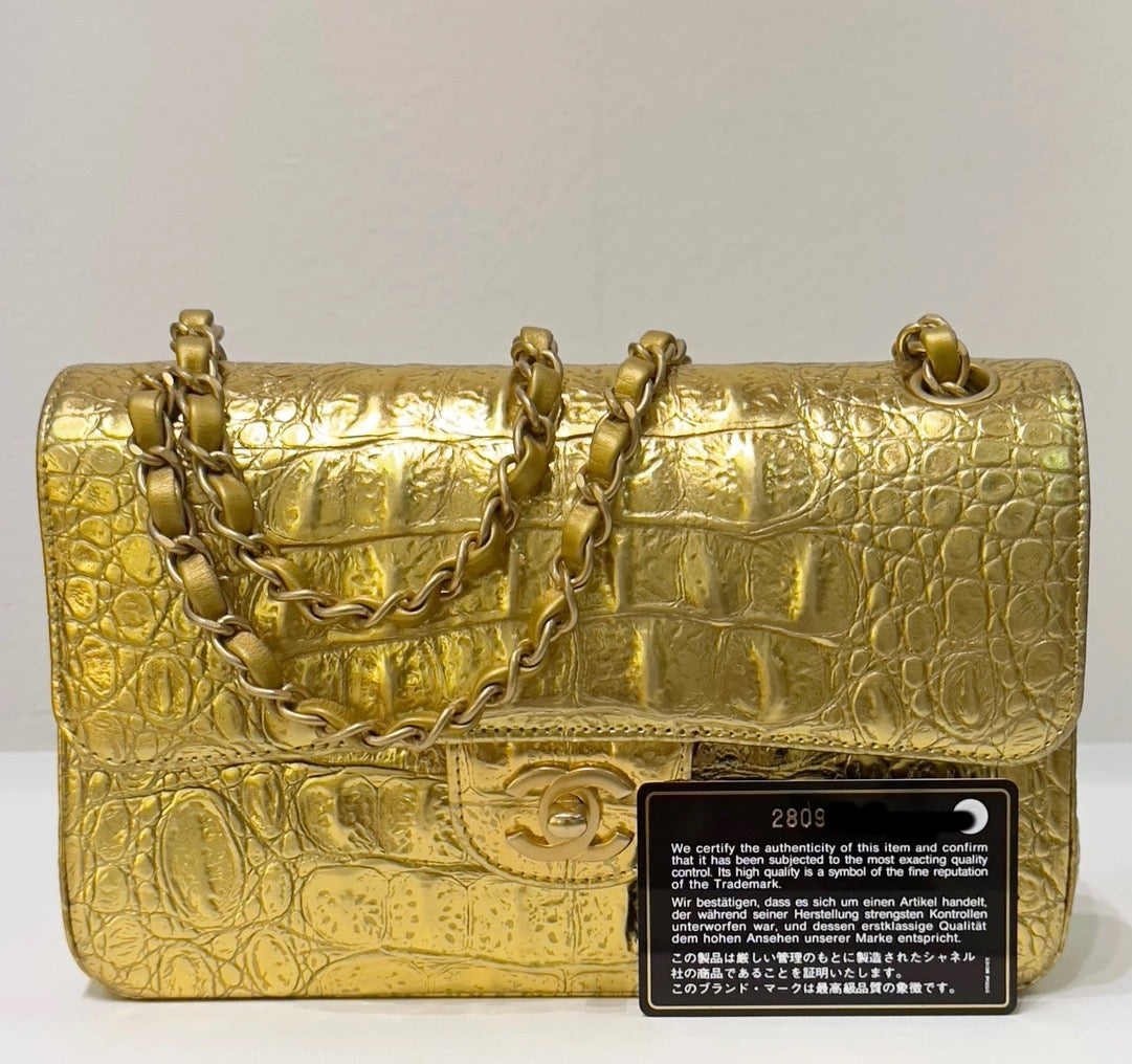 Chanel Small Calfskin Crocodile Embossed  Gold Metallic Flap Bag