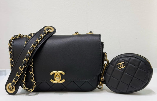 Chanel Calfskin Quilted Multi Pouching Flap And Coin Purse Black