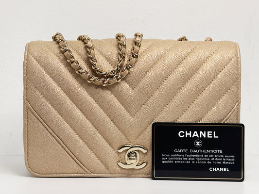 Chanel Mini Statement Metallic Caviar Chevron Quilted Flap Beige LGHW 2835 holo card