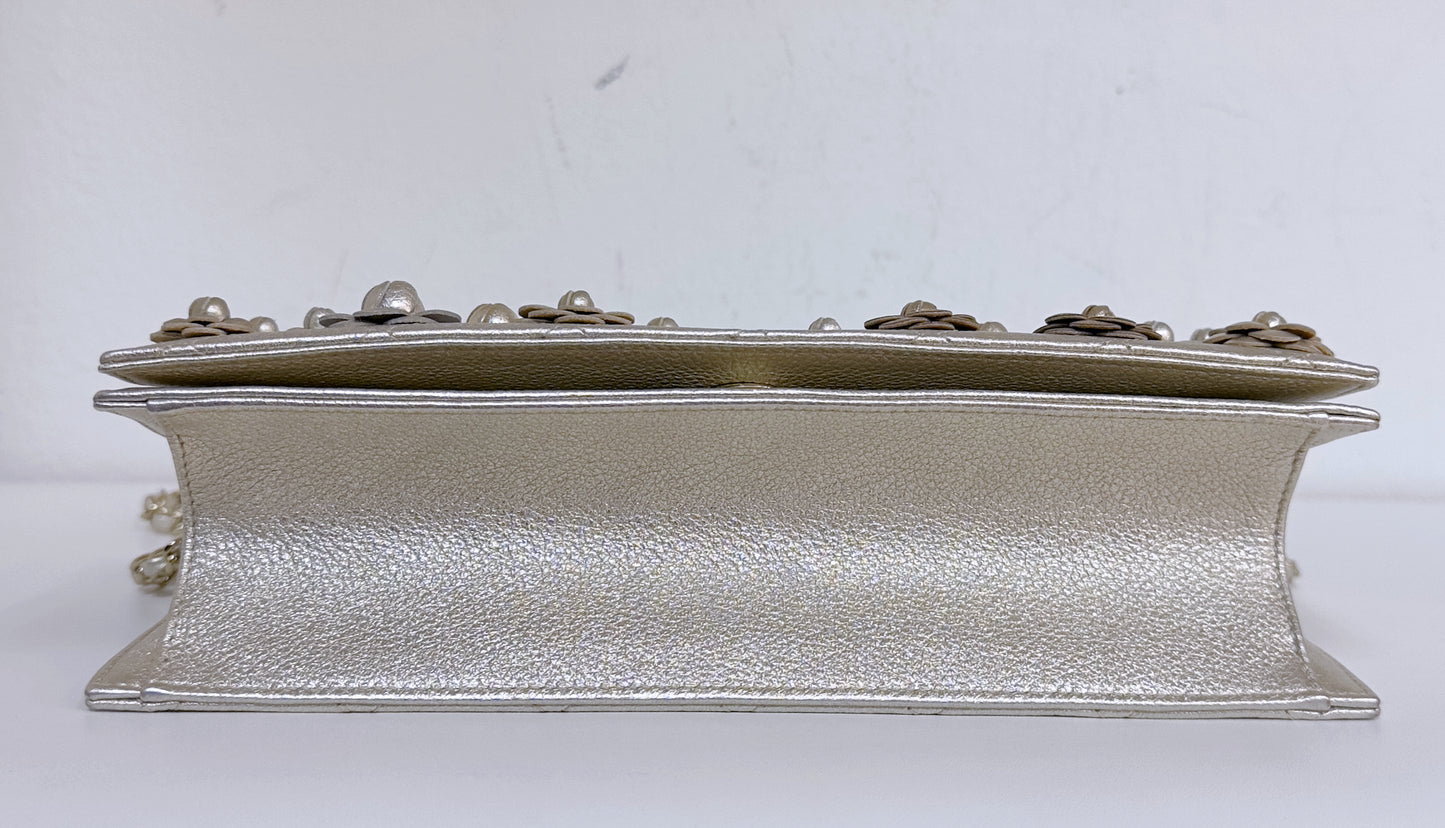 Gold Camellia Embellished Chain Clutch GHW 2728 holo card