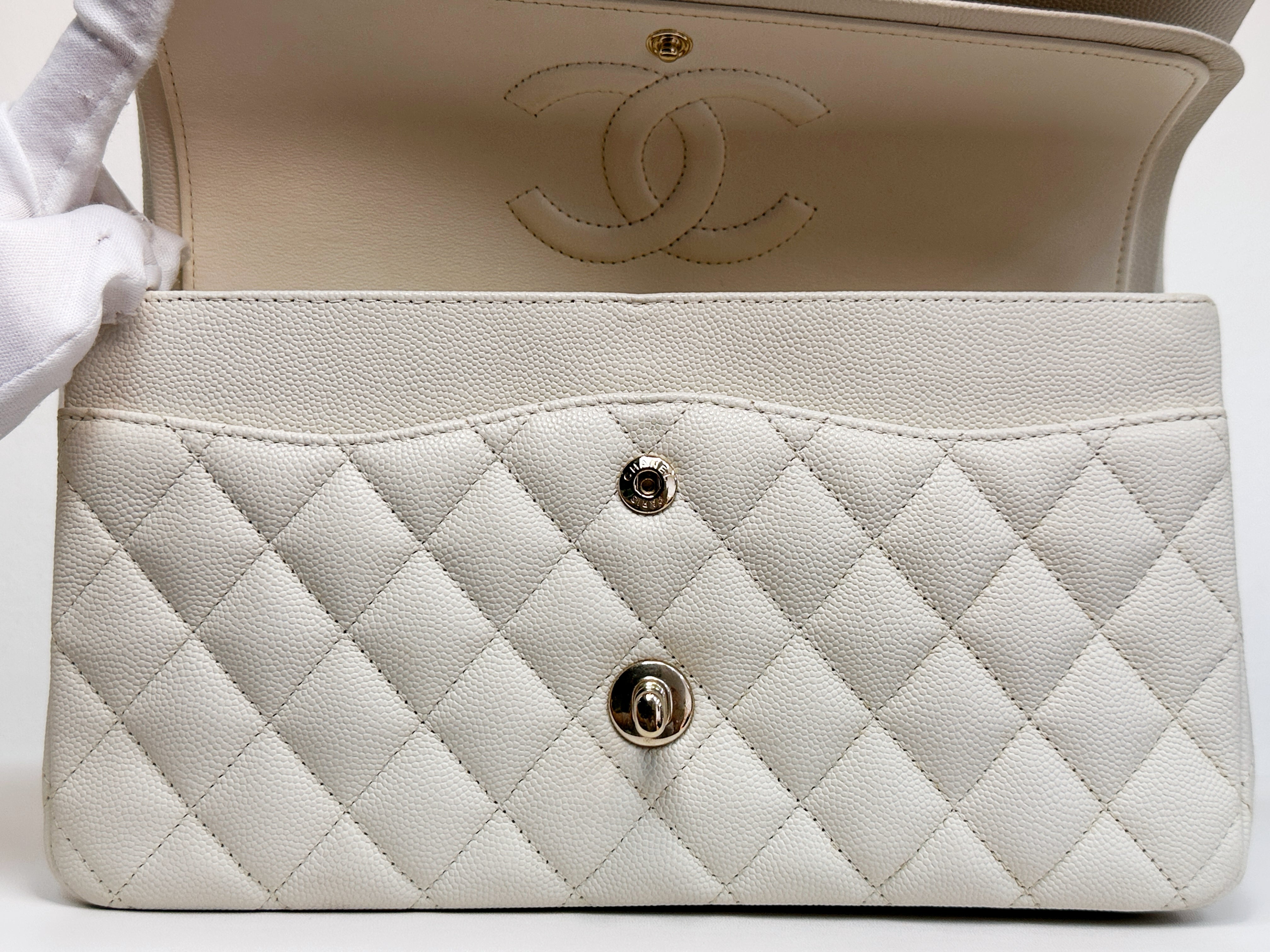 Chanel Medium Caviar Classic Quilted Double Flap White Light Beige Bag LGHW L45J microchip