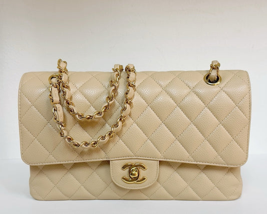 Chanel Medium Beige Classic Caviar Double Flap Bag GHW 1598 holo card