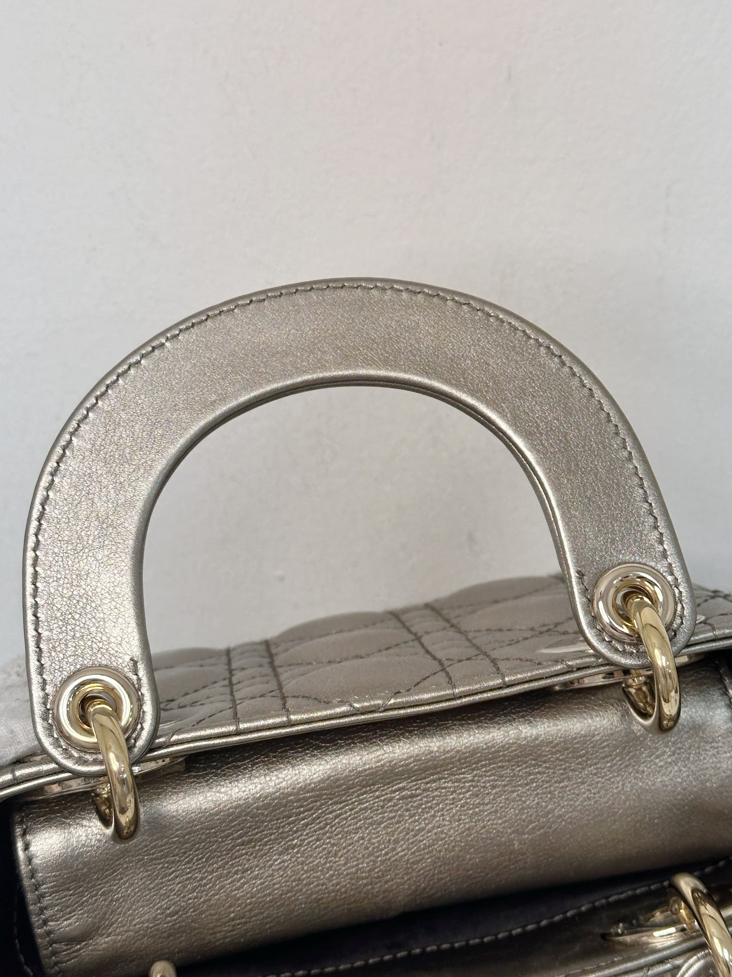 CHRISTIAN DIOR LADY MINI CALFSKIN CANNAGE BRONZE METALLIC GOLDEN HARDWARE CHAIN STRAP