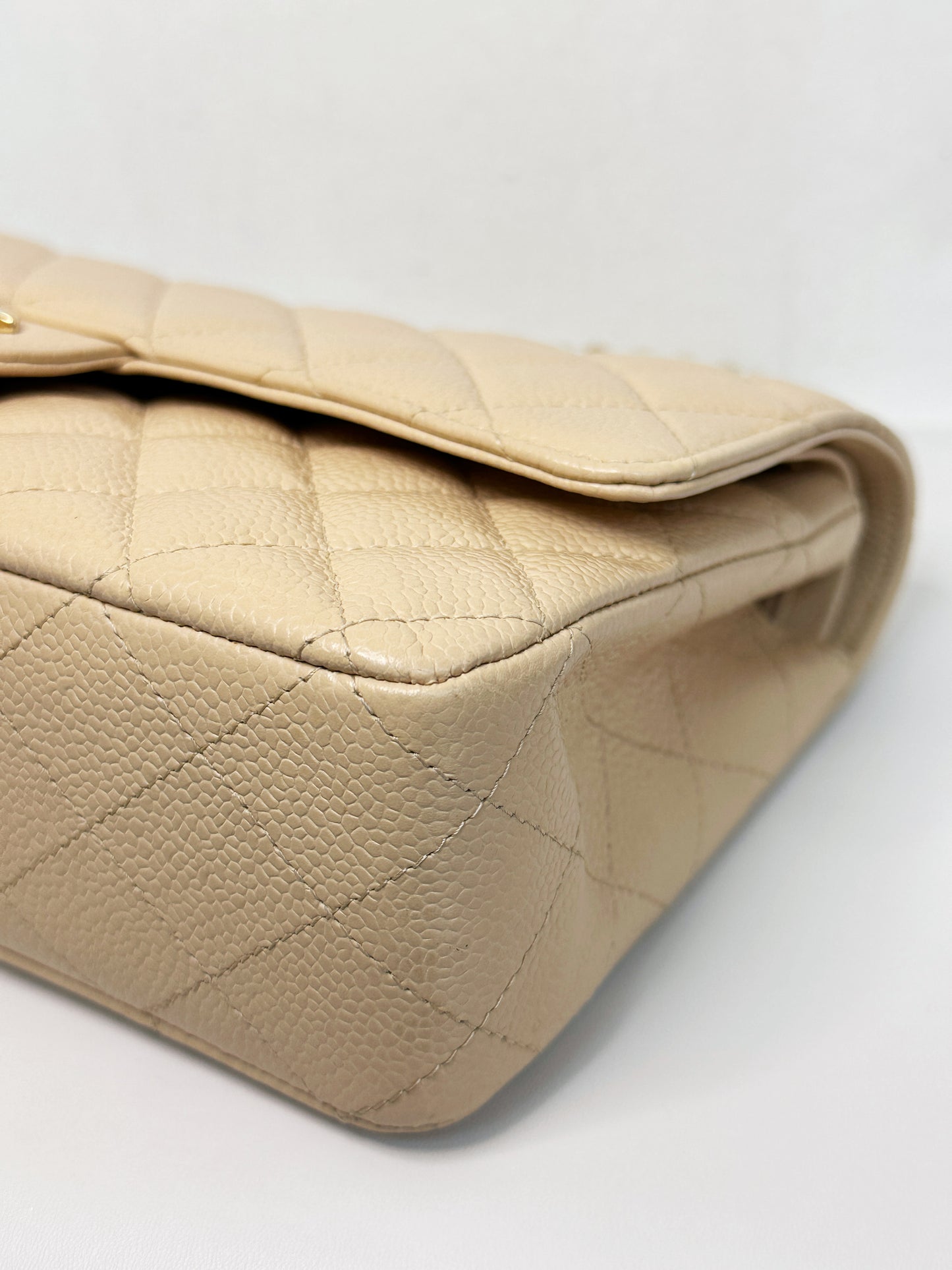 Chanel Medium Beige Classic Caviar Double Flap Bag GHW 2163 holo