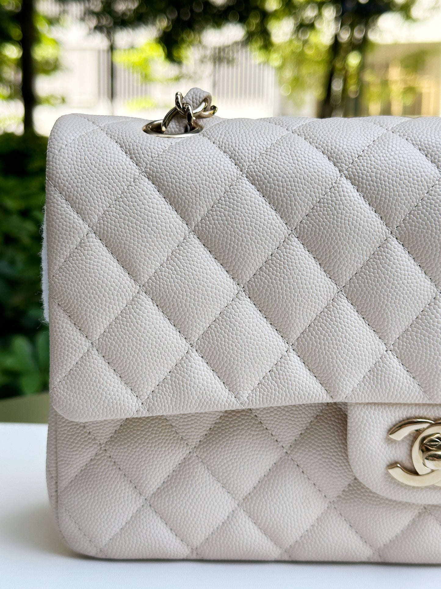 Chanel Medium Caviar Classic Quilted Double Flap Ivory Light Beige Bag LGHW