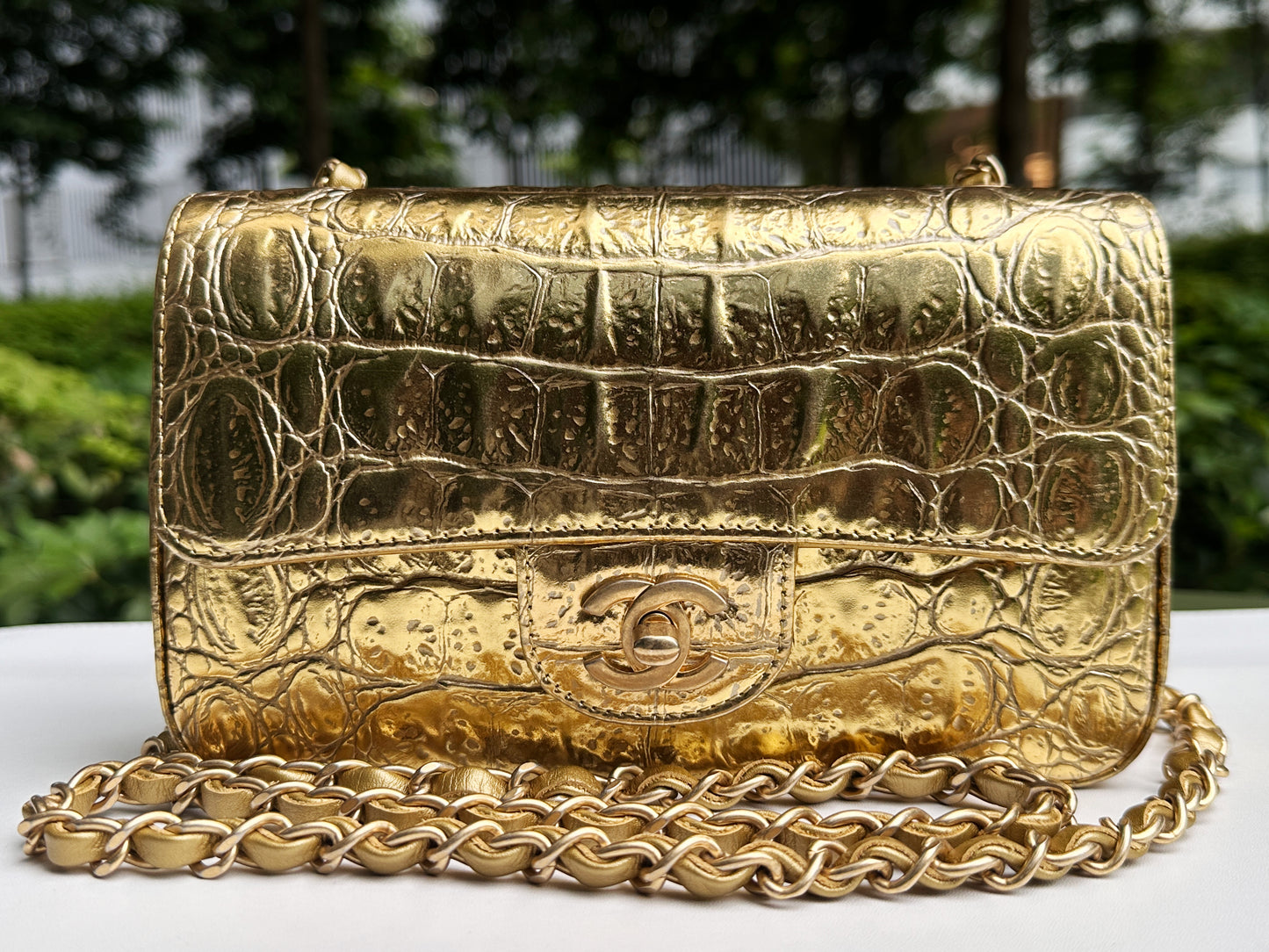 Chanel Mini Calfskin Crocodile Embossed Rectangular Gold Metallic Flap Bag 2803 holo card