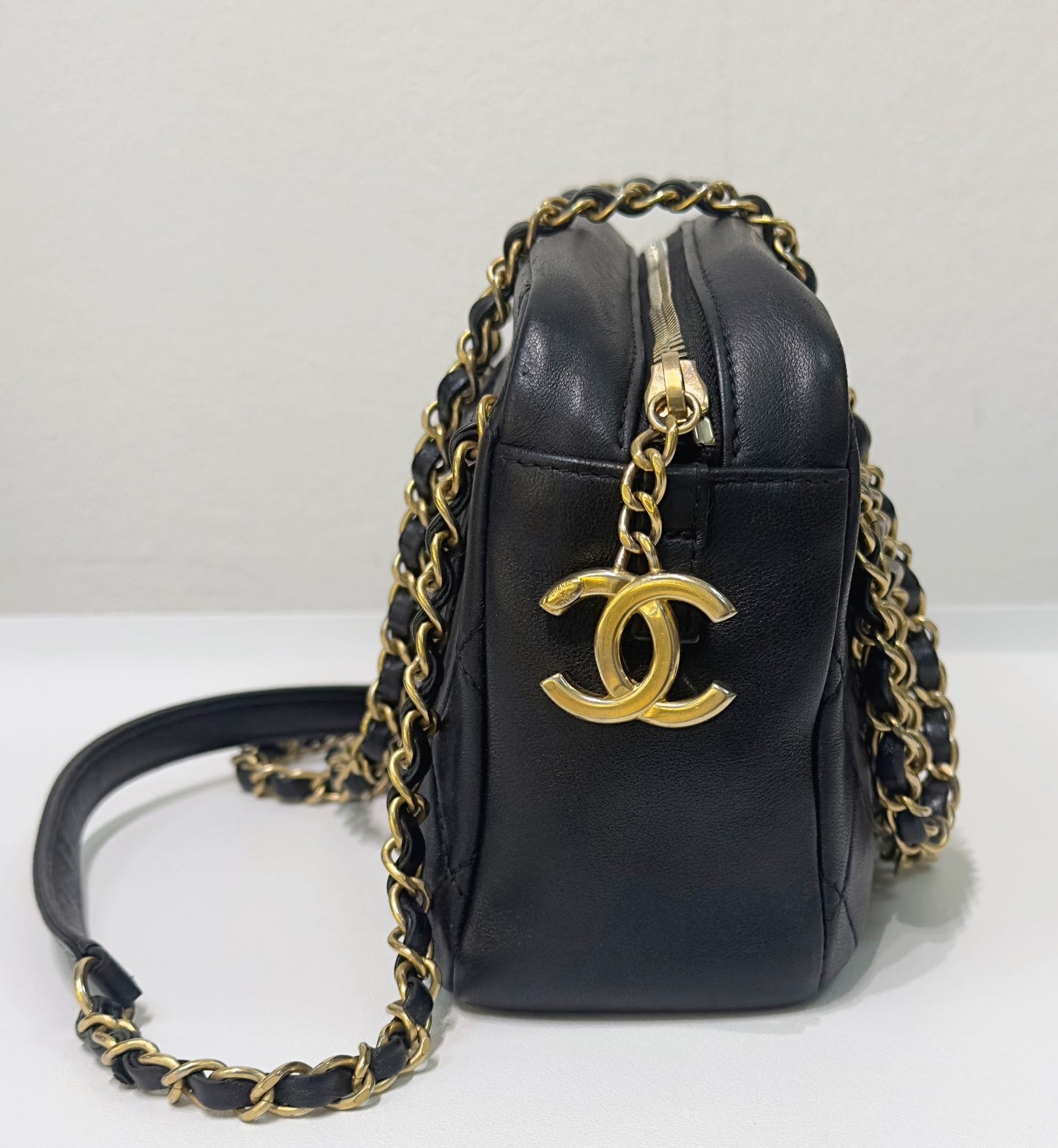 Chanel Lambskin Quilted All About Chains Camera Bag Black