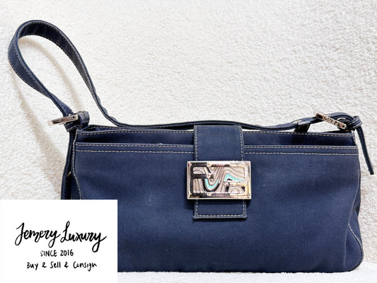 Fendi Mamma Baguette Canvas Shoulder Bag Navy blue