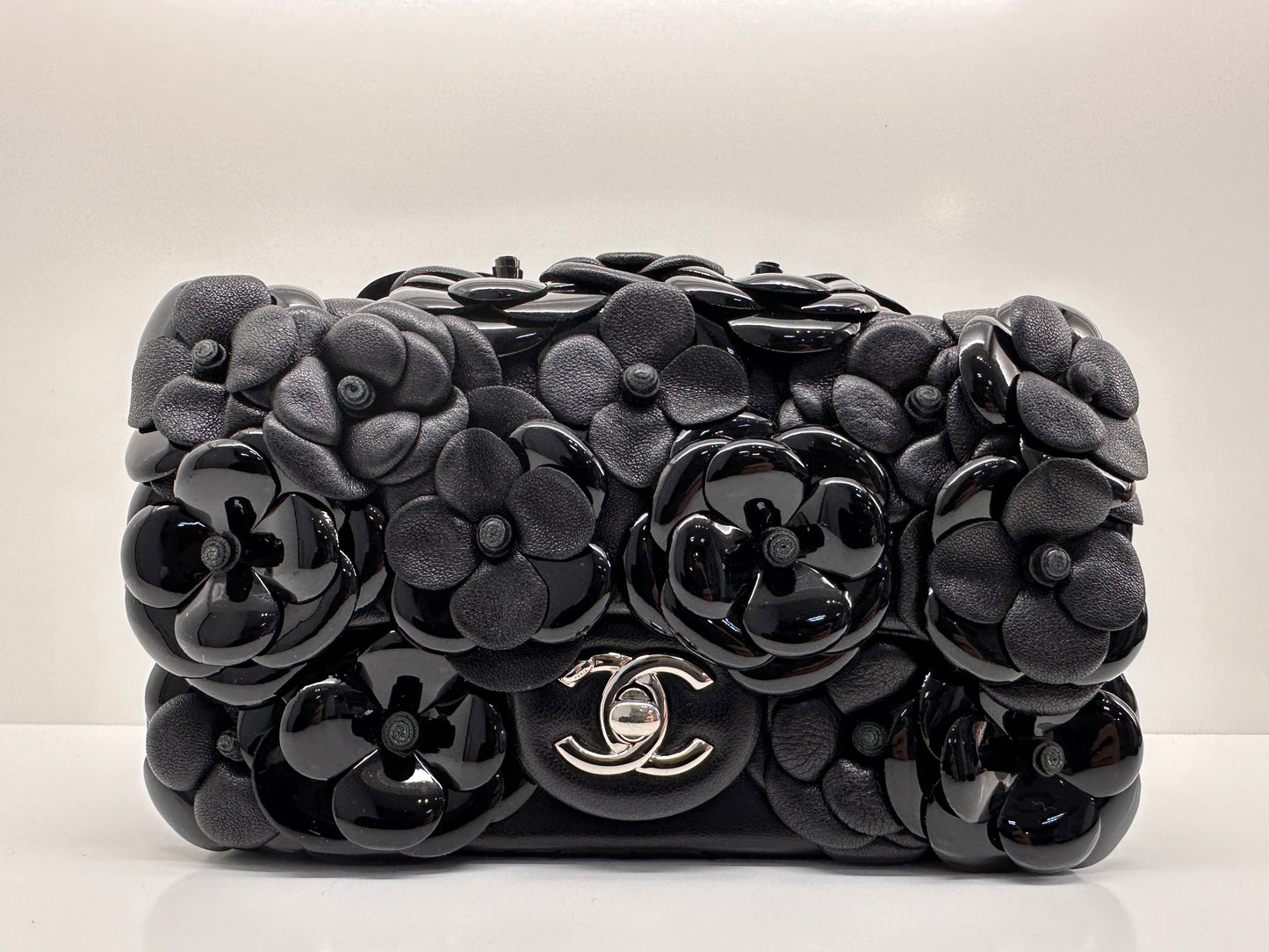 CHANEL Lambskin Patent Mini Camellia Flap Black