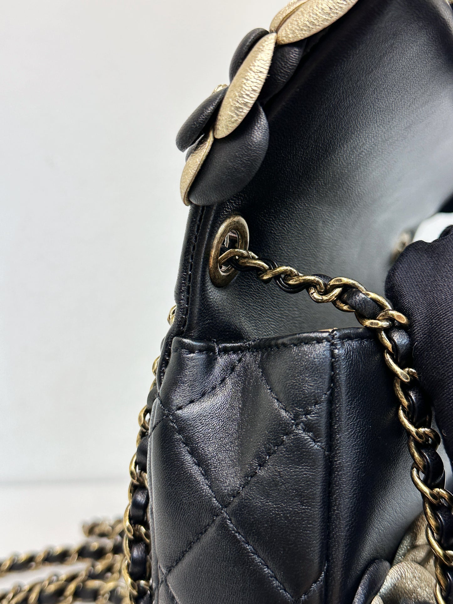 Chanel Mini Metallic Lambskin Quilted Camellia Flap Bag Black Gold 2479 holo card