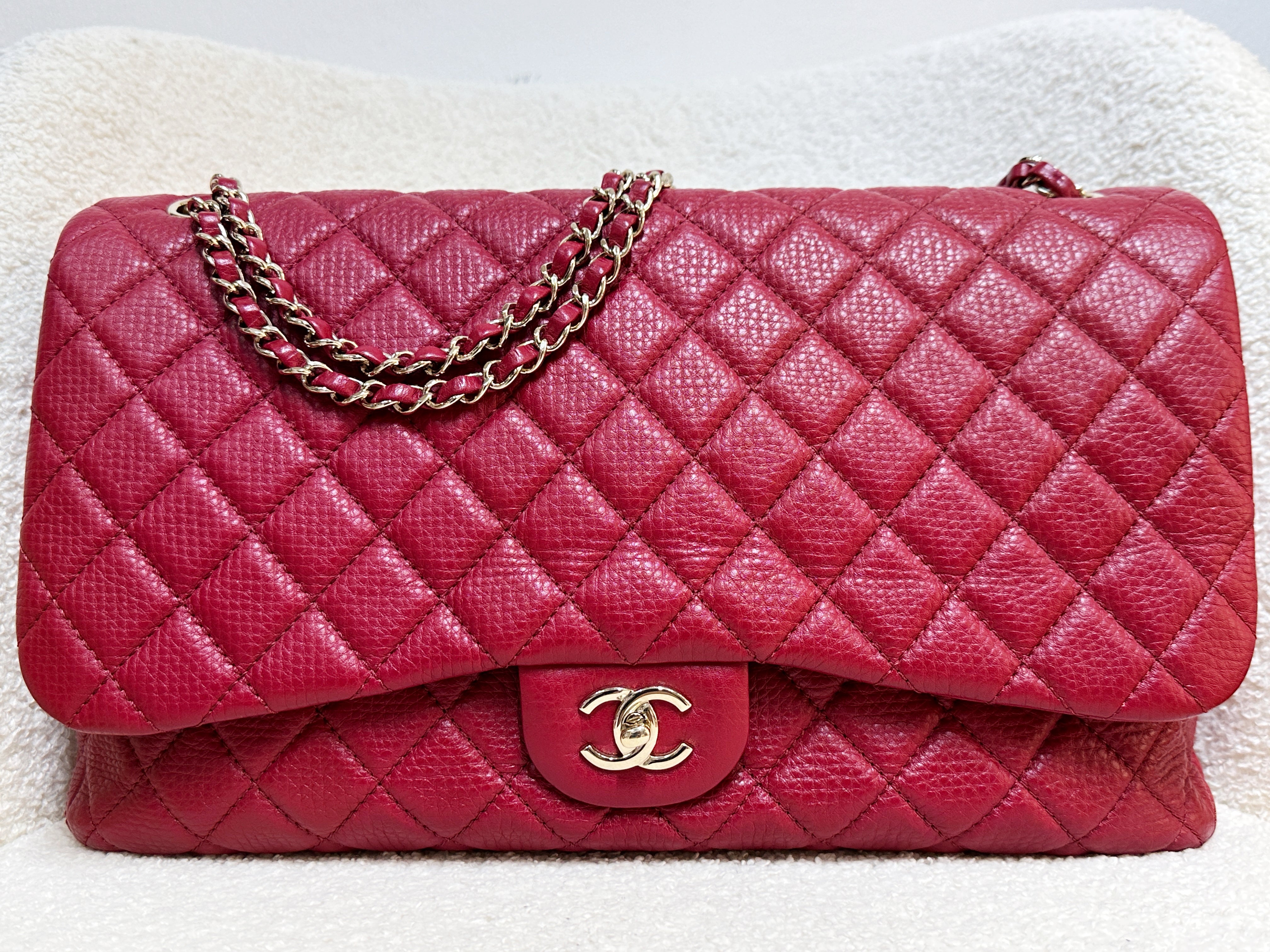 Chanel Red Grained Calfskin XL Small Travel Flap Bag Light Gold Hardware