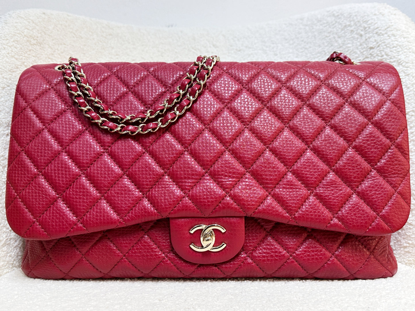 Chanel Red Grained Calfskin XL Small Travel Flap Bag Light Gold Hardware