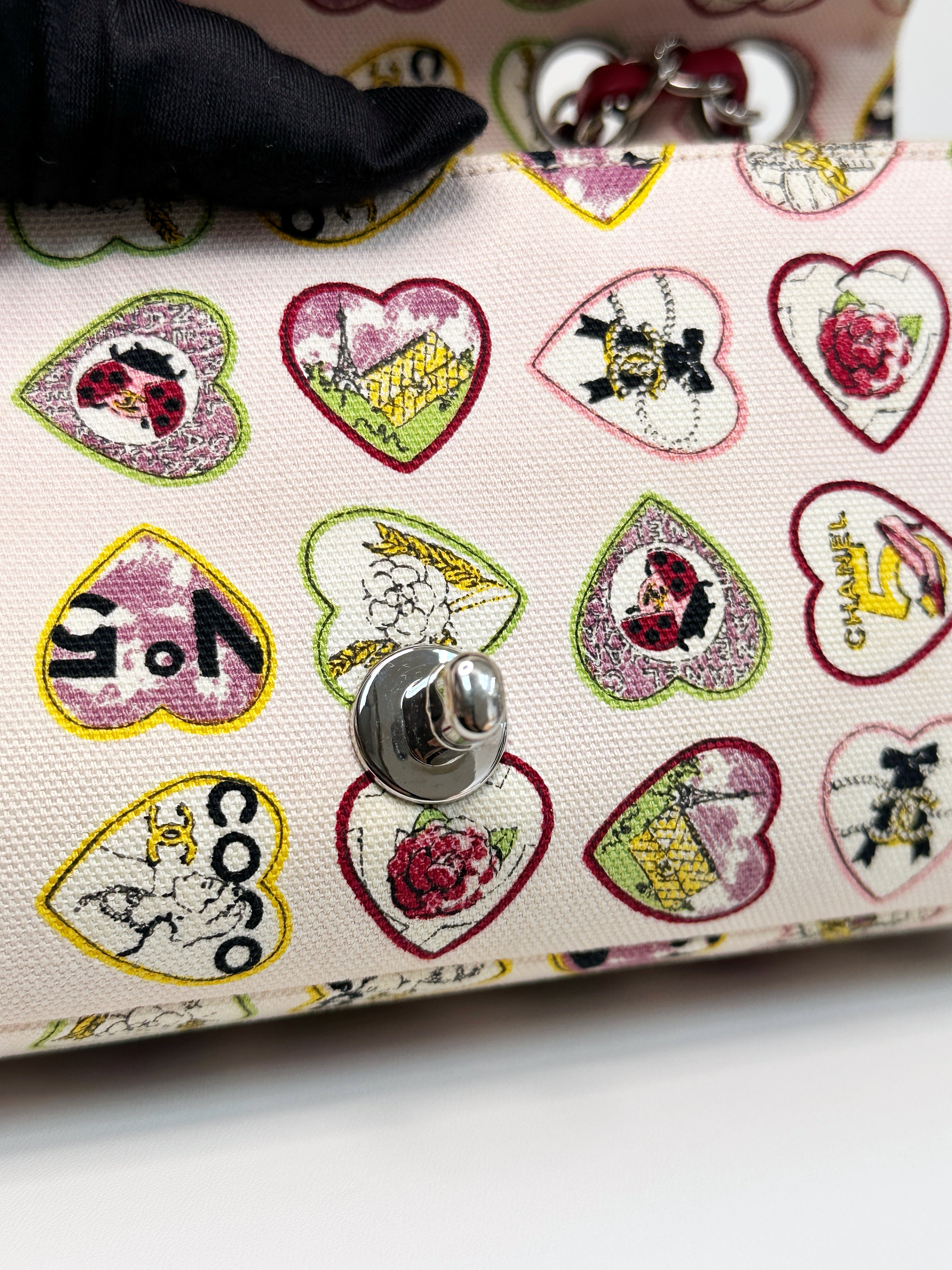 Chanel Valentine Coco Heart Motif Printed Pink Canvas East West Flap Bag 1064 holo