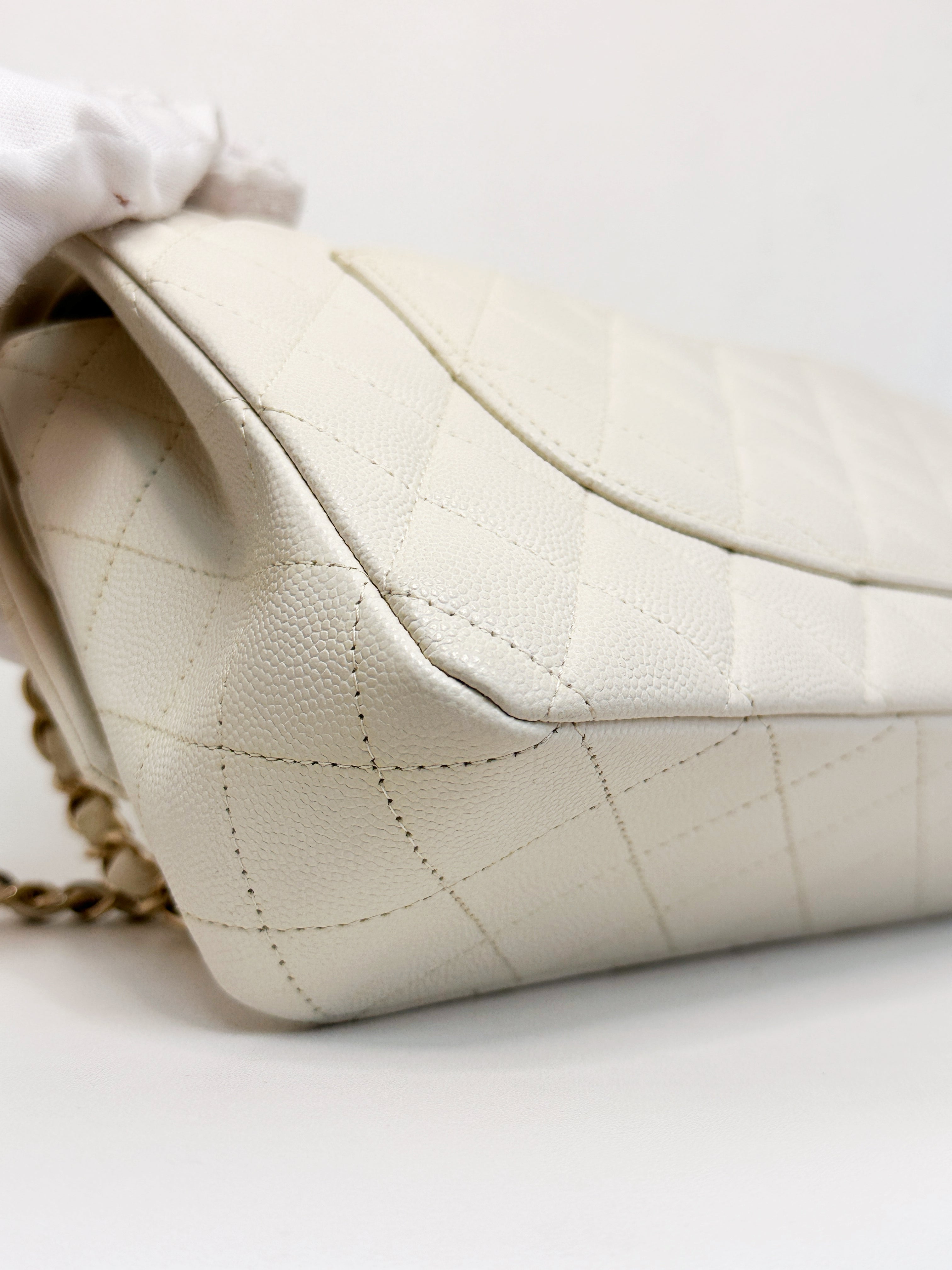 Chanel Medium Caviar Classic Quilted Double Flap White Light Beige Bag LGHW L45J microchip