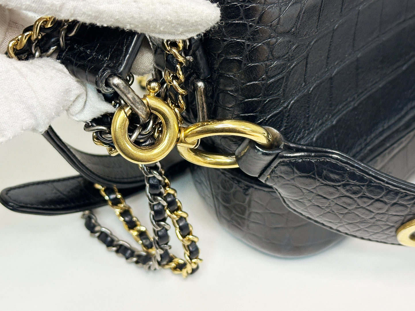 Chanel Small Gabrielle Hobo Bag Crocodile Embossed Calfskin Black 2822 holo card