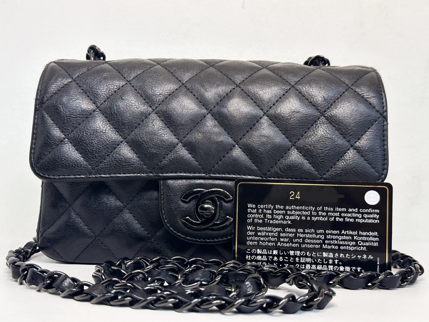 Chanel Quilted Mini Rectangular Flap So Black Crumpled Calfskin Bag 2400 holo card