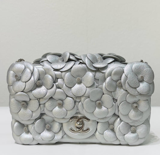 Chanel Mini Camellia Lambskin Shiny Silver