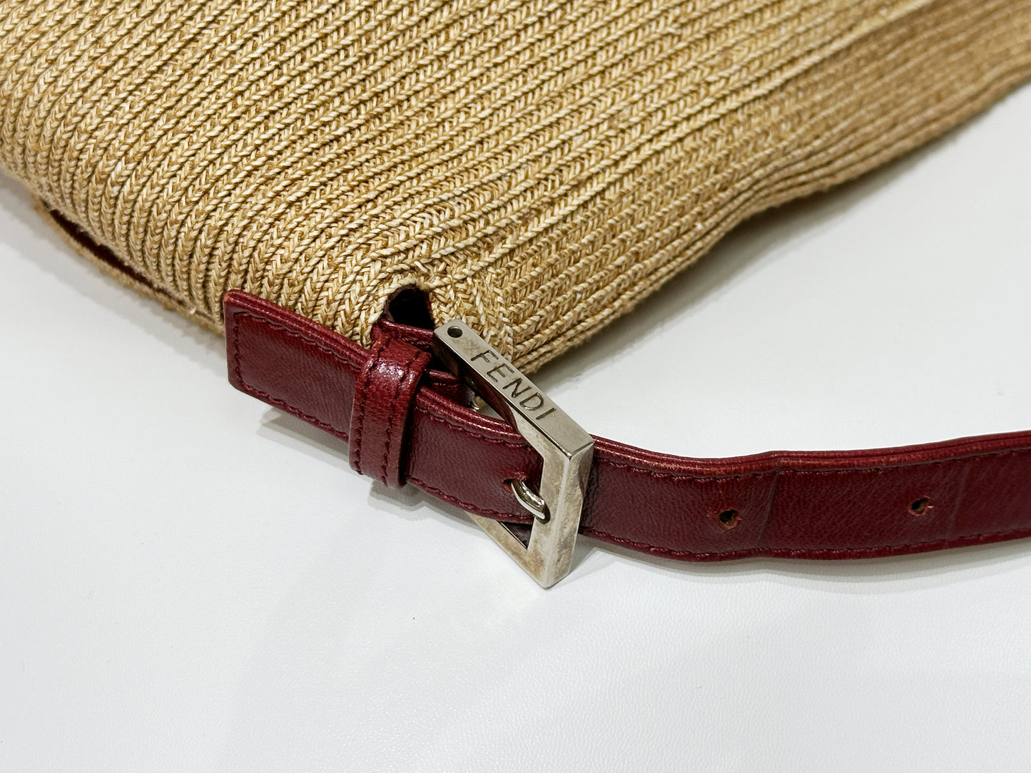 Fendi Mamma Baguette Raffia Straw Shoulder Bag Red Leather Strap