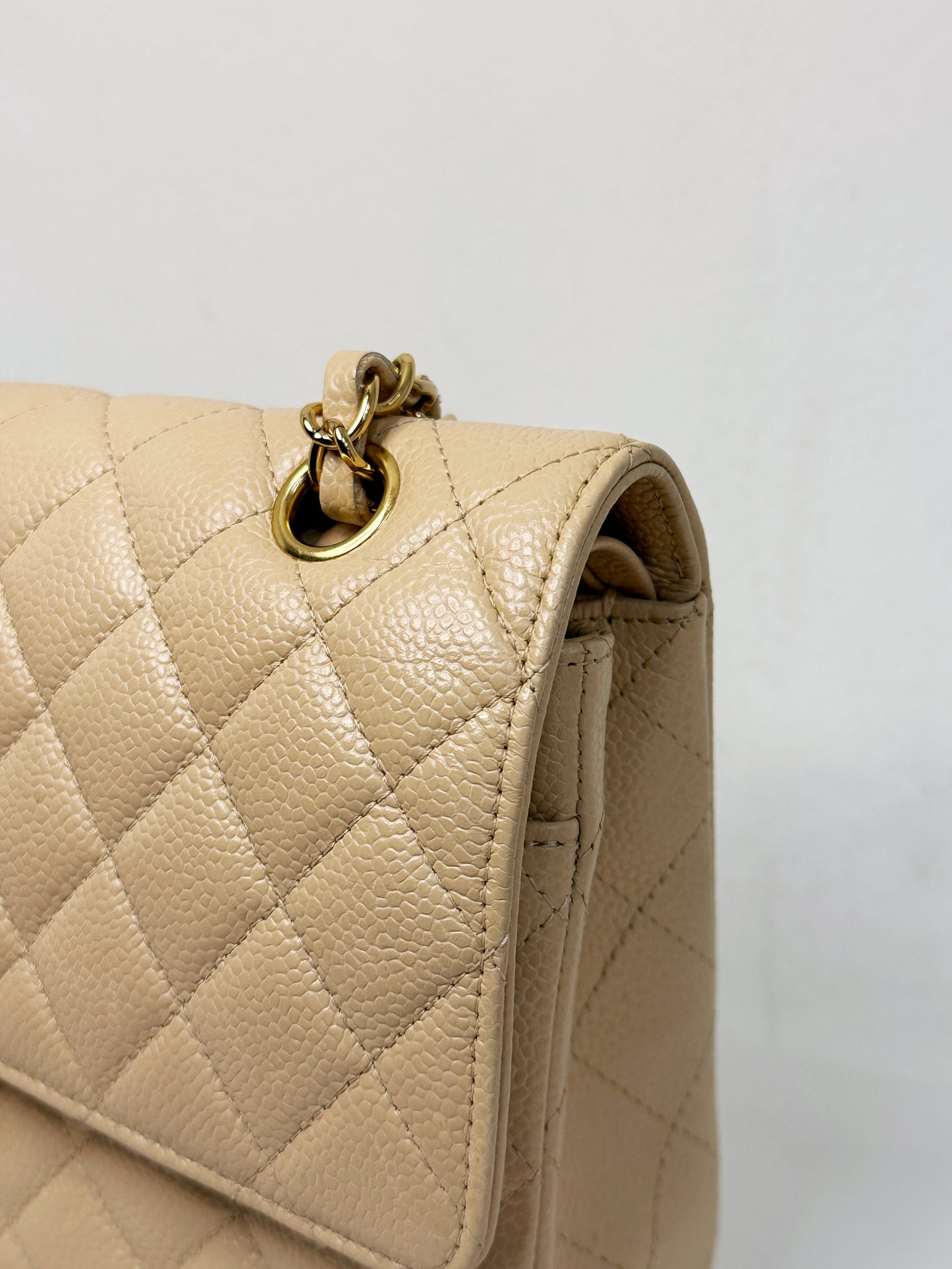 Chanel Medium Beige Classic Caviar Double Flap Bag GHW 2163 holo