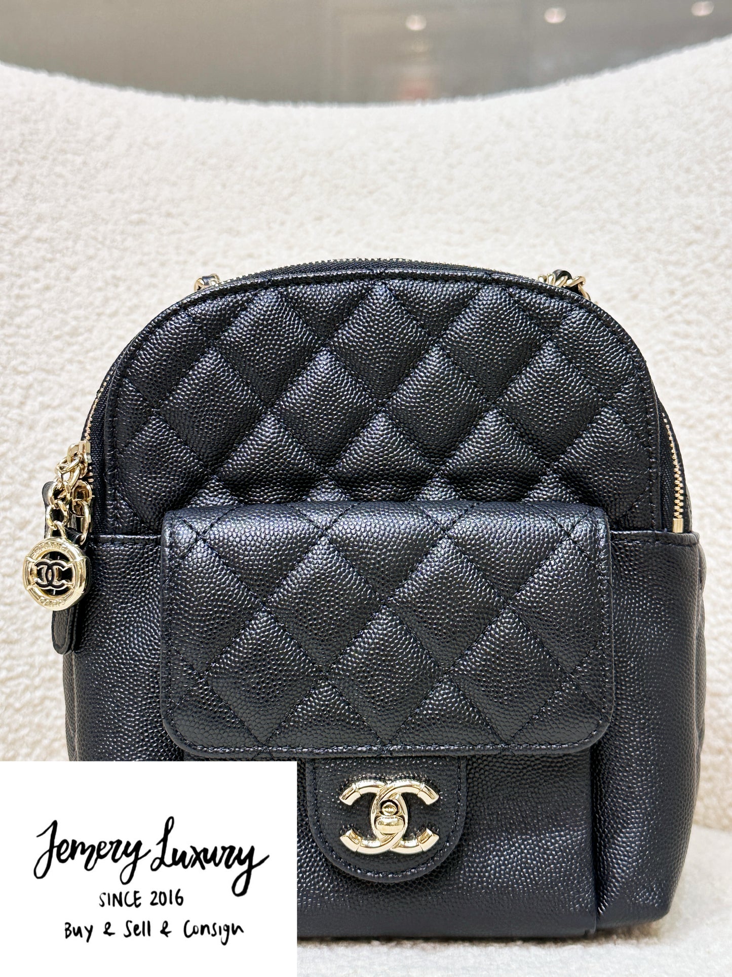 Chanel CC Day Backpack Quilted Caviar Mini Black 268 holo card