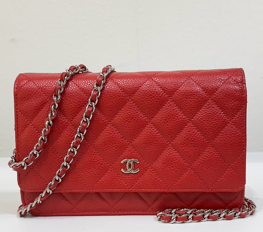 Chanel Caviar Quilted Wallet on Chain WOC Red 1874 holo card