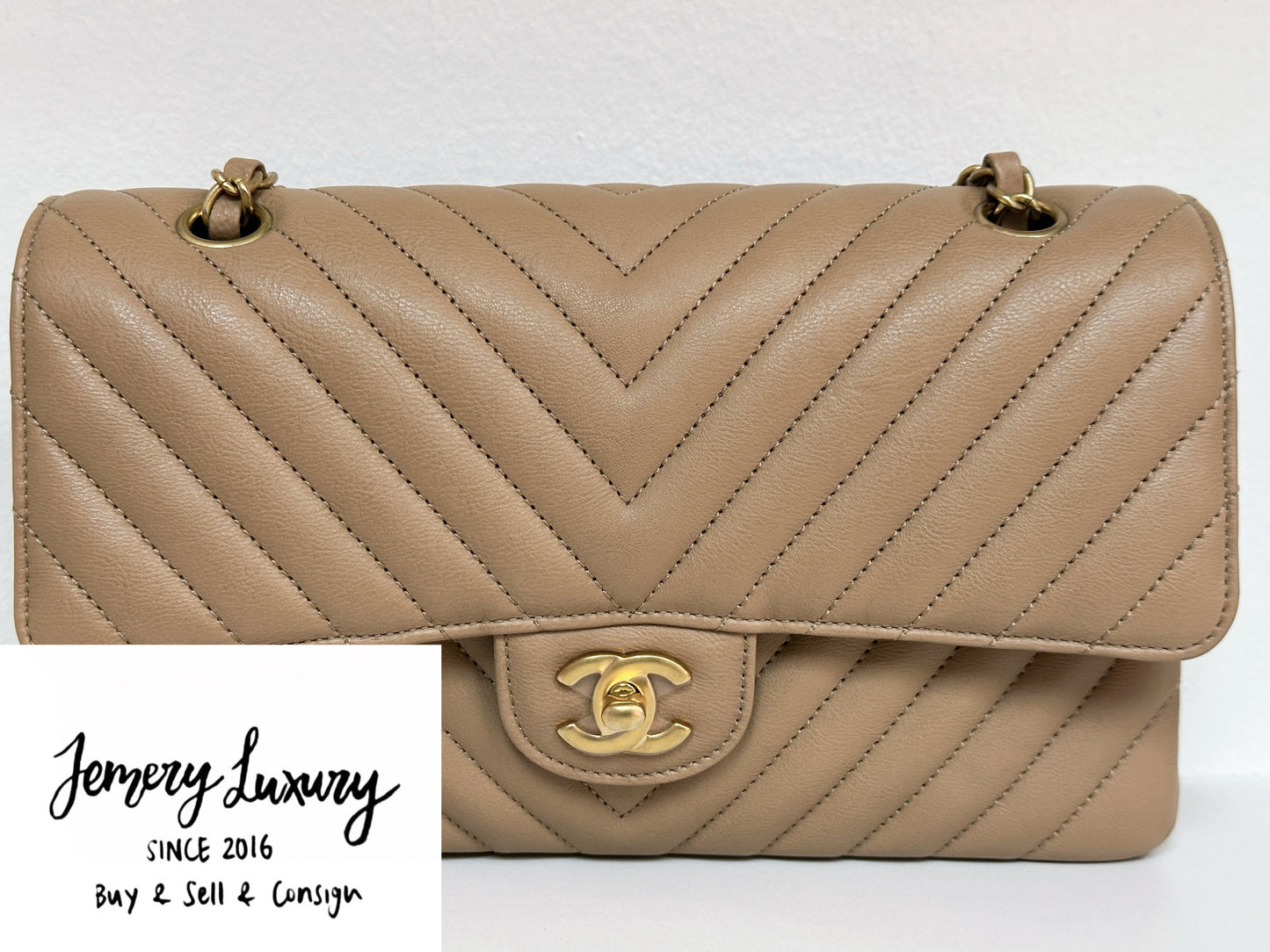 Chanel Calfskin Chevron Quilted Medium Double Flap Beige 2383 holo card