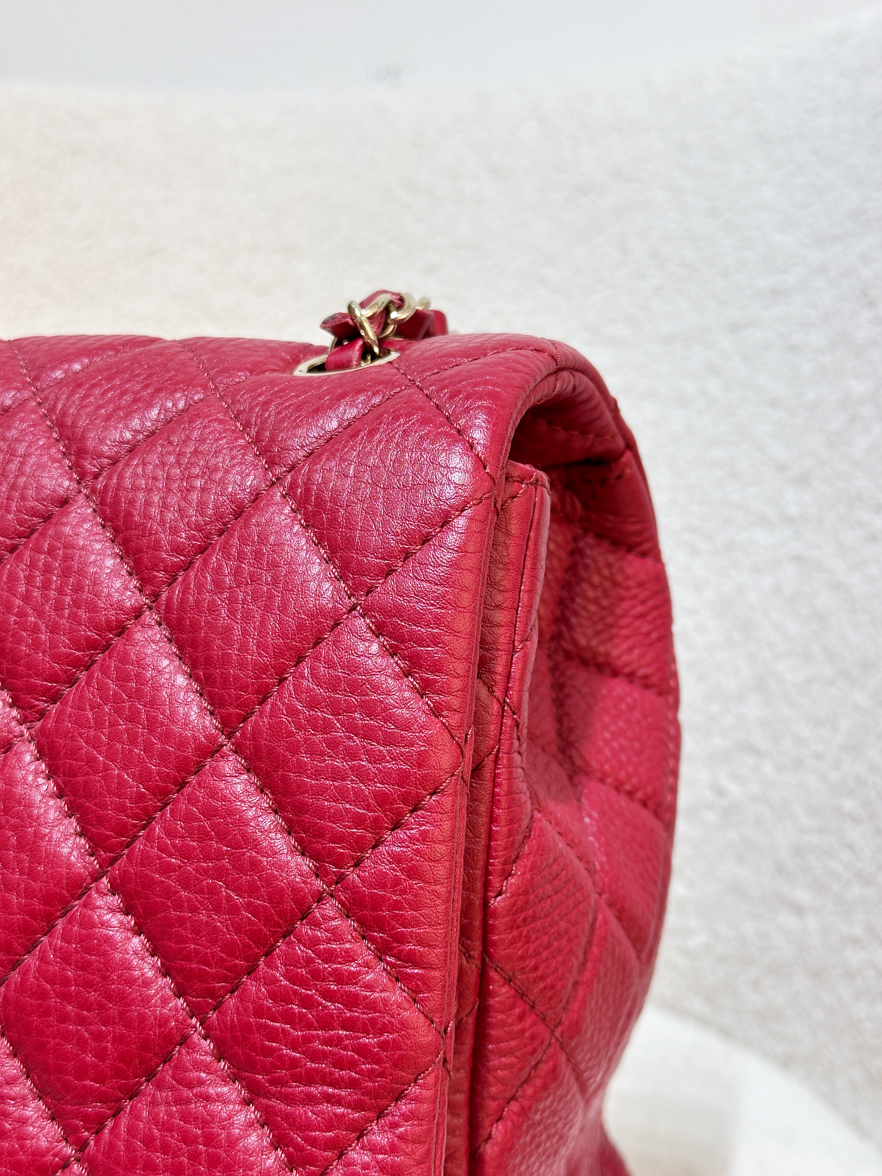 Chanel Red Grained Calfskin XL Small Travel Flap Bag Light Gold Hardware