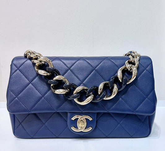 Chanel Blue Quilted Small Resin Elegant Chain Flap Bag