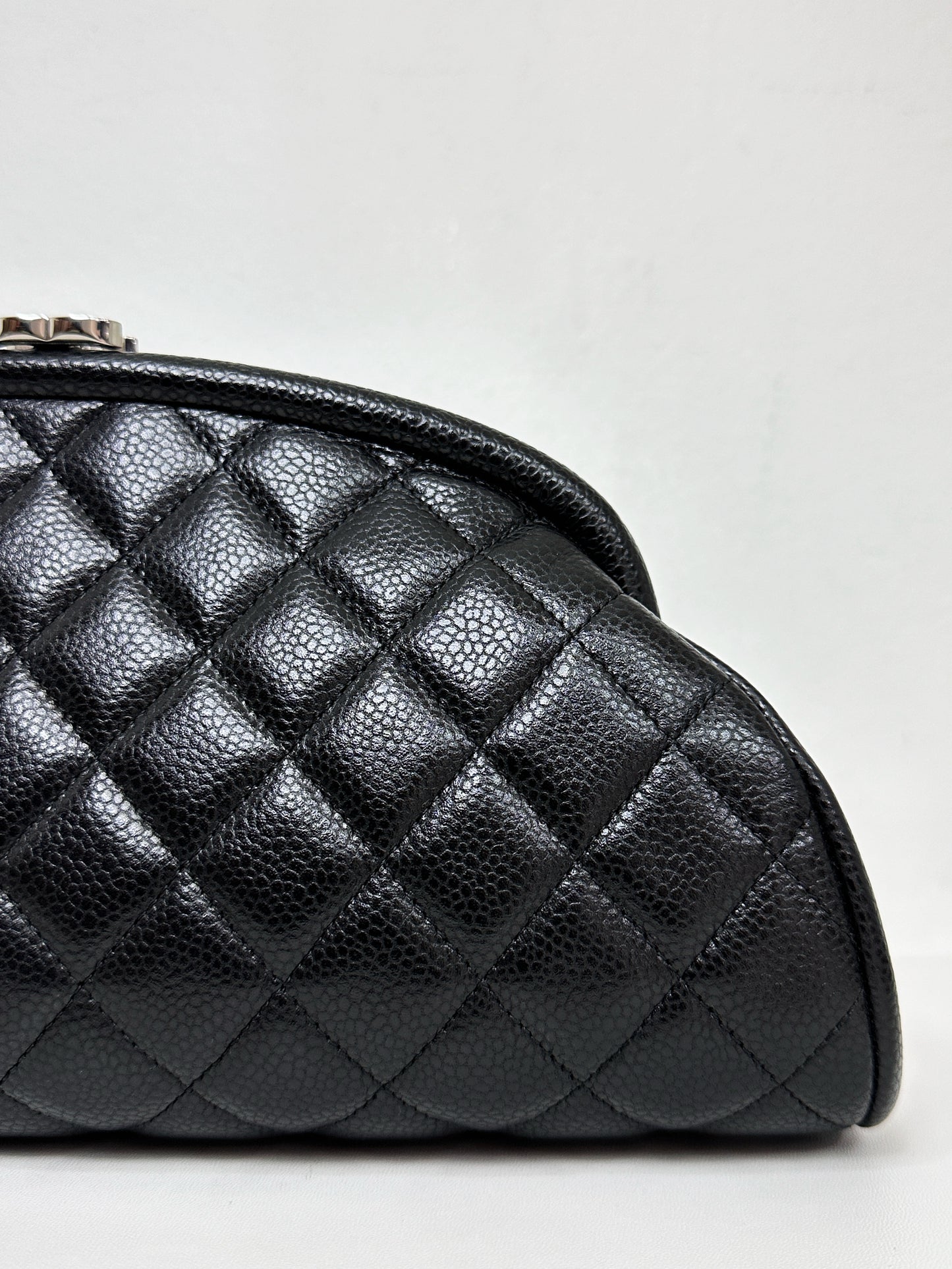 Chanel Quilted Timeless Kisslock Clutch Black Caviar SHW 1915 holo card