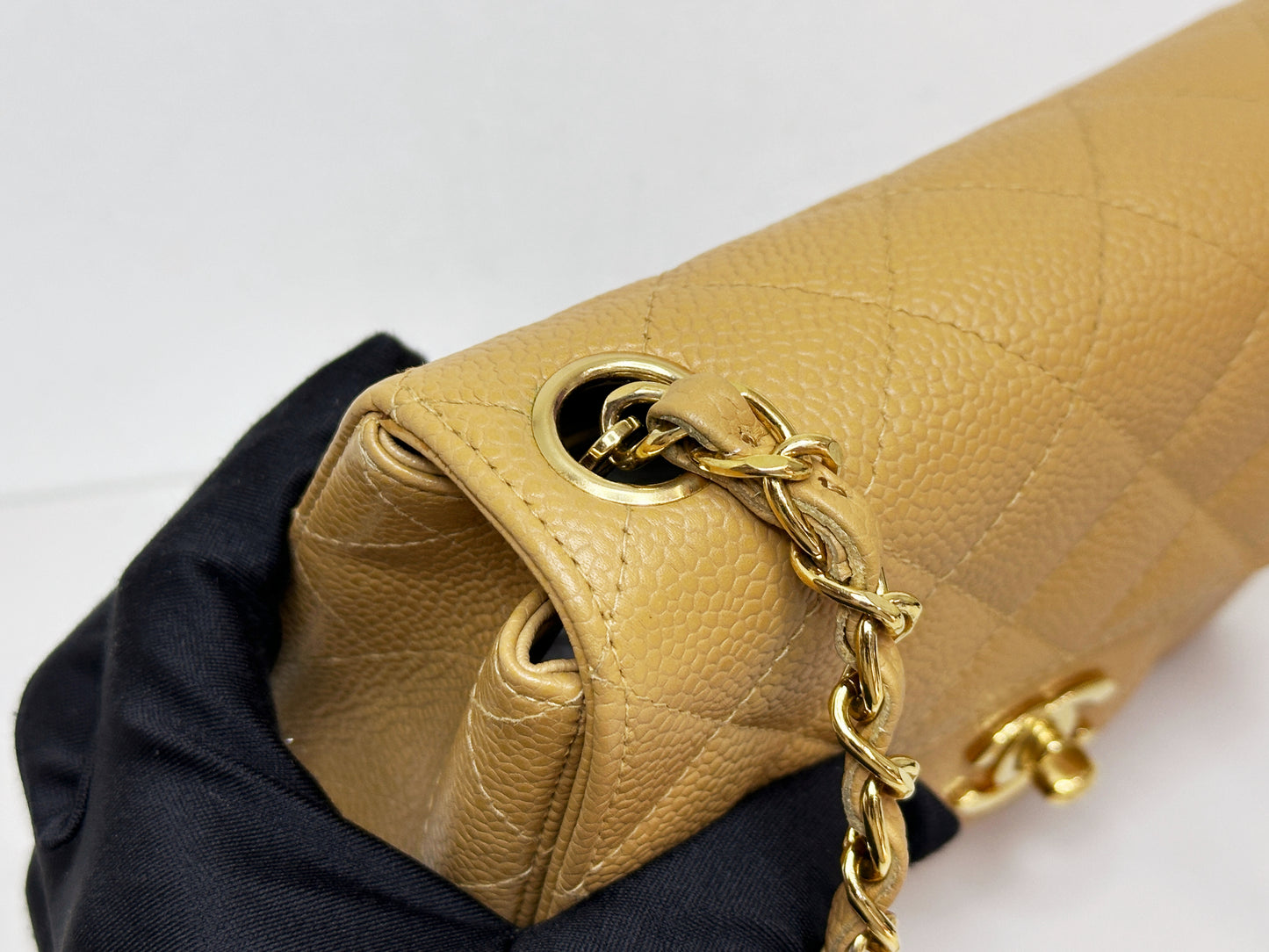 Chanel 24K Gold Mini Square Caviar Classic Flap Chain Shoulder Bag Beige GHW 84 holo card